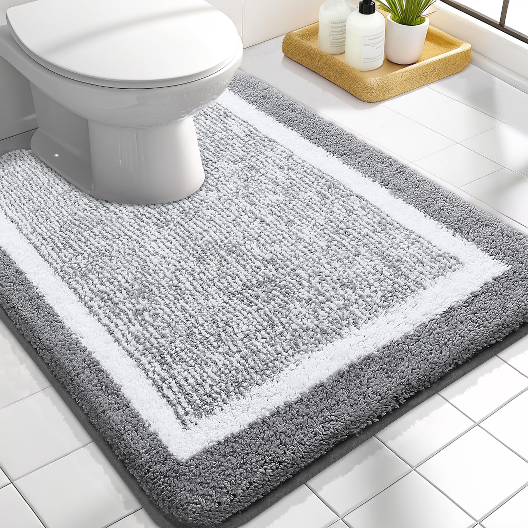 OLANLY Small Bathroom Rugs 24x16, Extra Soft and Absorbent Microfiber Bath Rugs, Non-Slip, Machine Washable, Quick Dry Shaggy Bath Carpet, Bath Mats for Bathroom Floor, Tub, Shower, Grey
