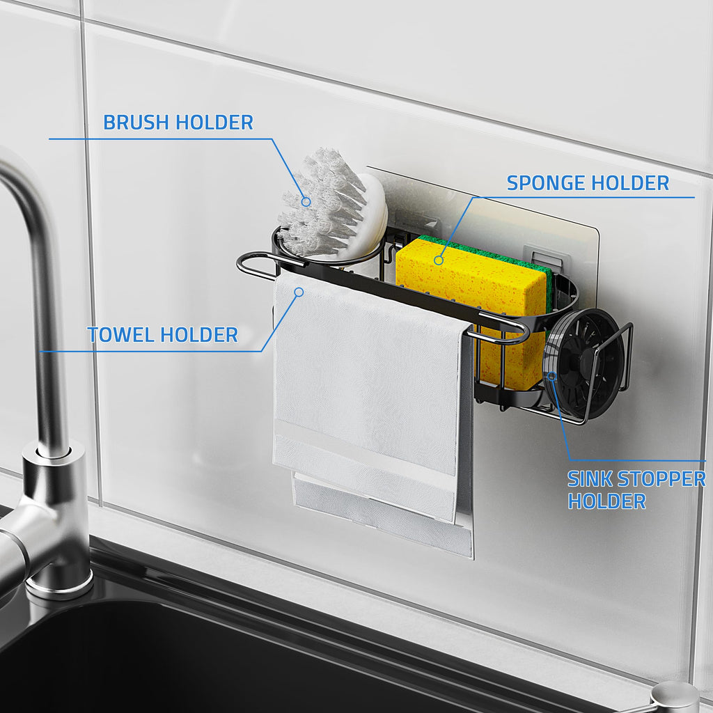 Cisily Organizador de Fregadero de Cocina con Soporte para Esponja en el Fregadero, Organizador de Fregadero de Cocina de Acero Inoxidable, Soporte para Cepillo, Percha para Paños de Platos, Soporte