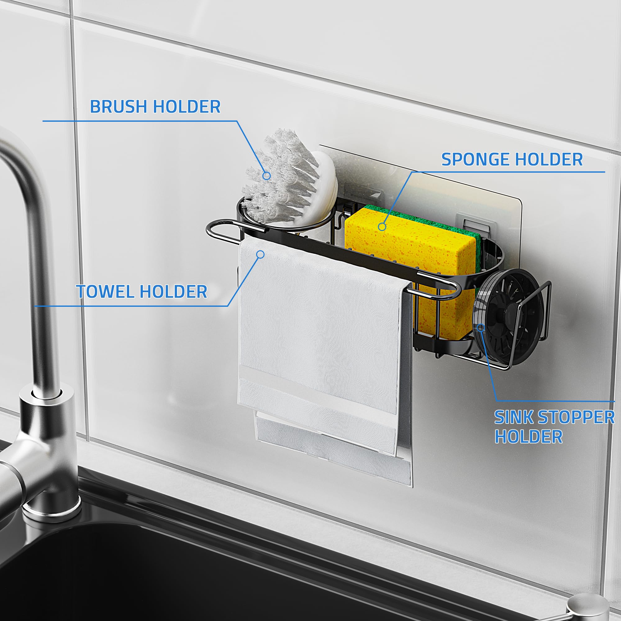 Cisily Organizador de Fregadero de Cocina con Soporte para Esponja en el Fregadero, Organizador de Fregadero de Cocina de Acero Inoxidable, Soporte para Cepillo, Percha para Paños de Platos, Soporte