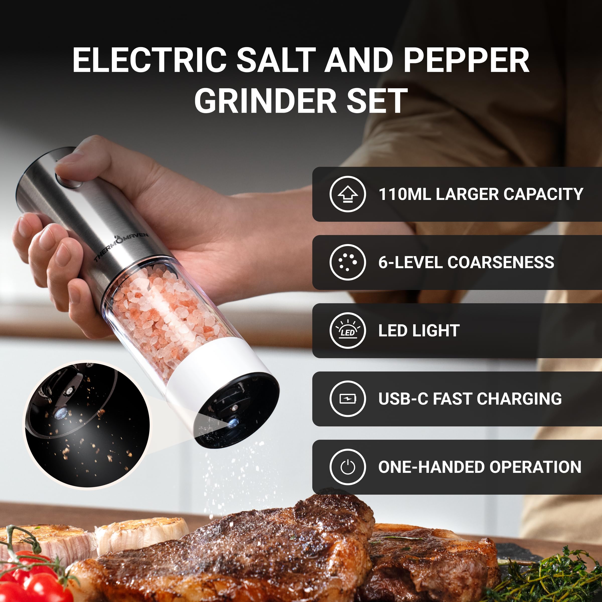 ThermoMaven Upgraded Larger Capacity Electric Salt and Pepper Grinder Set, 110ml Rechargeable Salt and Pepper Shaker with LED Light, Stainless Steel Automatic Pepper Mill with 6 Adjustable Coarseness