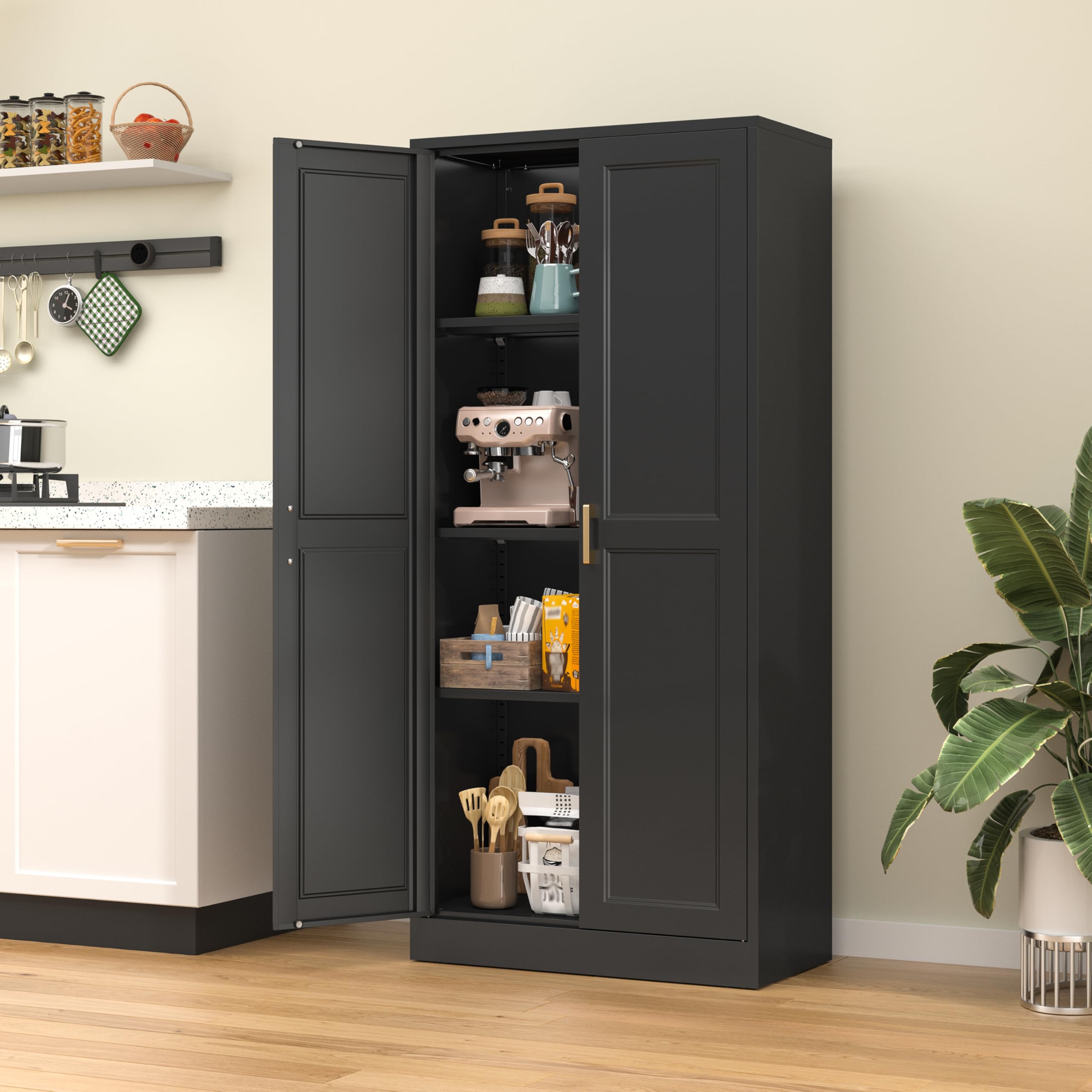 75" Tall Metal Kitchen Storage Cabinet,White Kitchen Pantry Storage Cabinet with Doors and 4 Adjustable Shelves,Utility Cabinet for Living Room,Garage,Dining Room and Office,Assemble Required