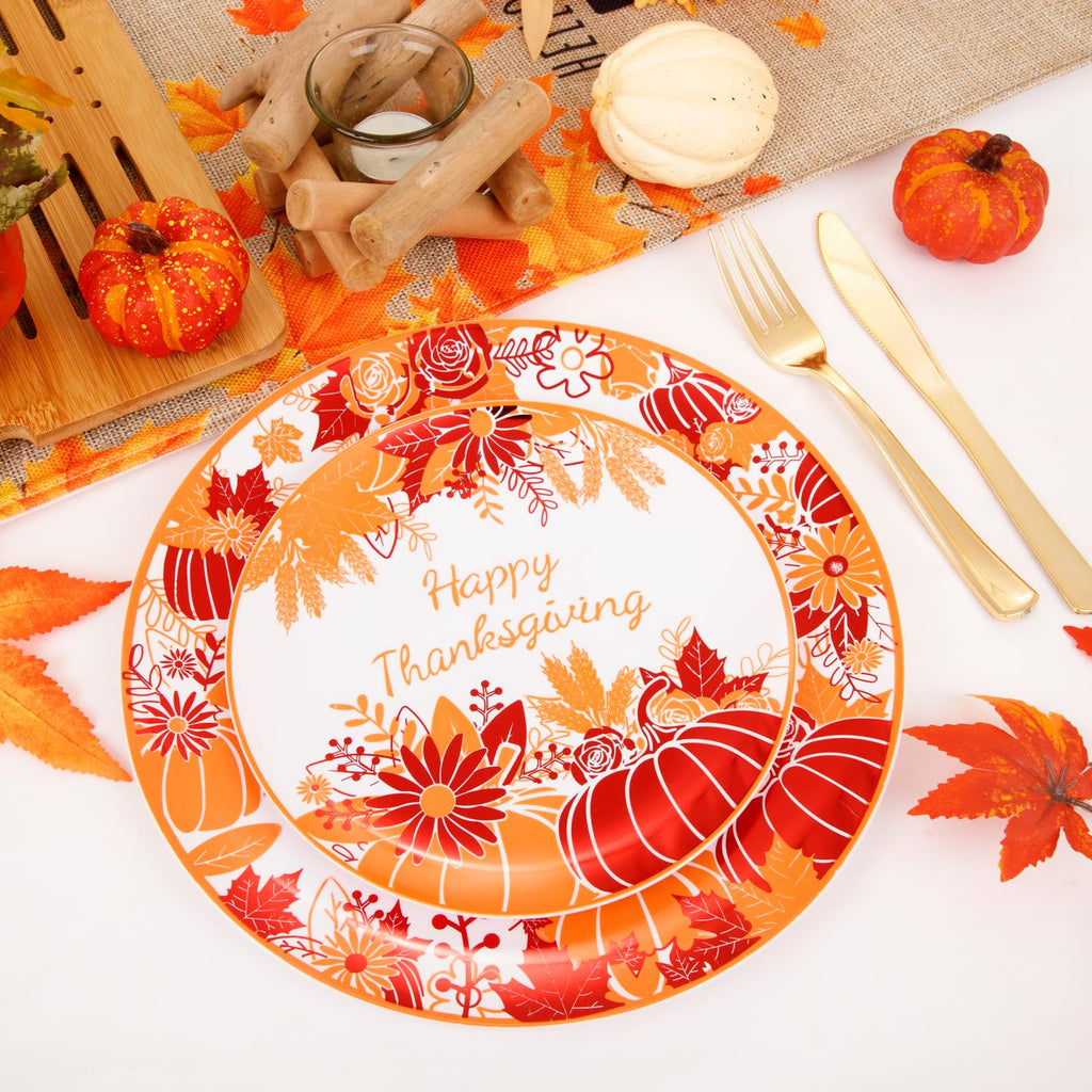 DaYammi 210Pcs White Gold Plastic Plates for Party,Gold Disposable Dinnerware Set Includes 60 gold Floral Plates,30 Plastic Silverware,30 Per Rolled Napkins,30 Cups for Mother's Day Party Wedding