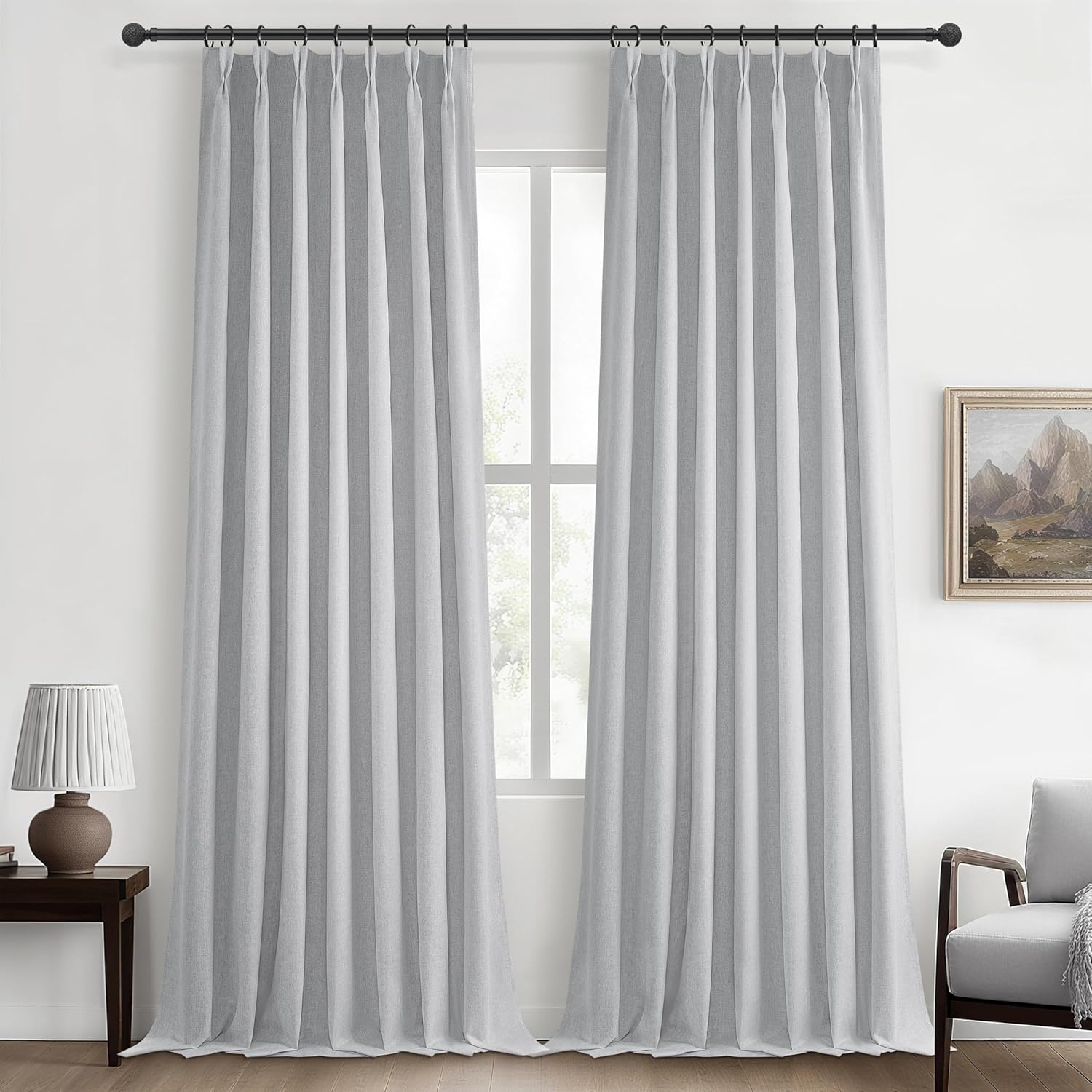 Natural Linen Pinch Pleated Blackout Curtains & Drapes 96 Inch Long Bedroom/Livingroom Farmhouse Curtains 2 Panel Sets, Neutral Track Room Darkening Thermal Insulated 8ft Back Tab Window Curtain