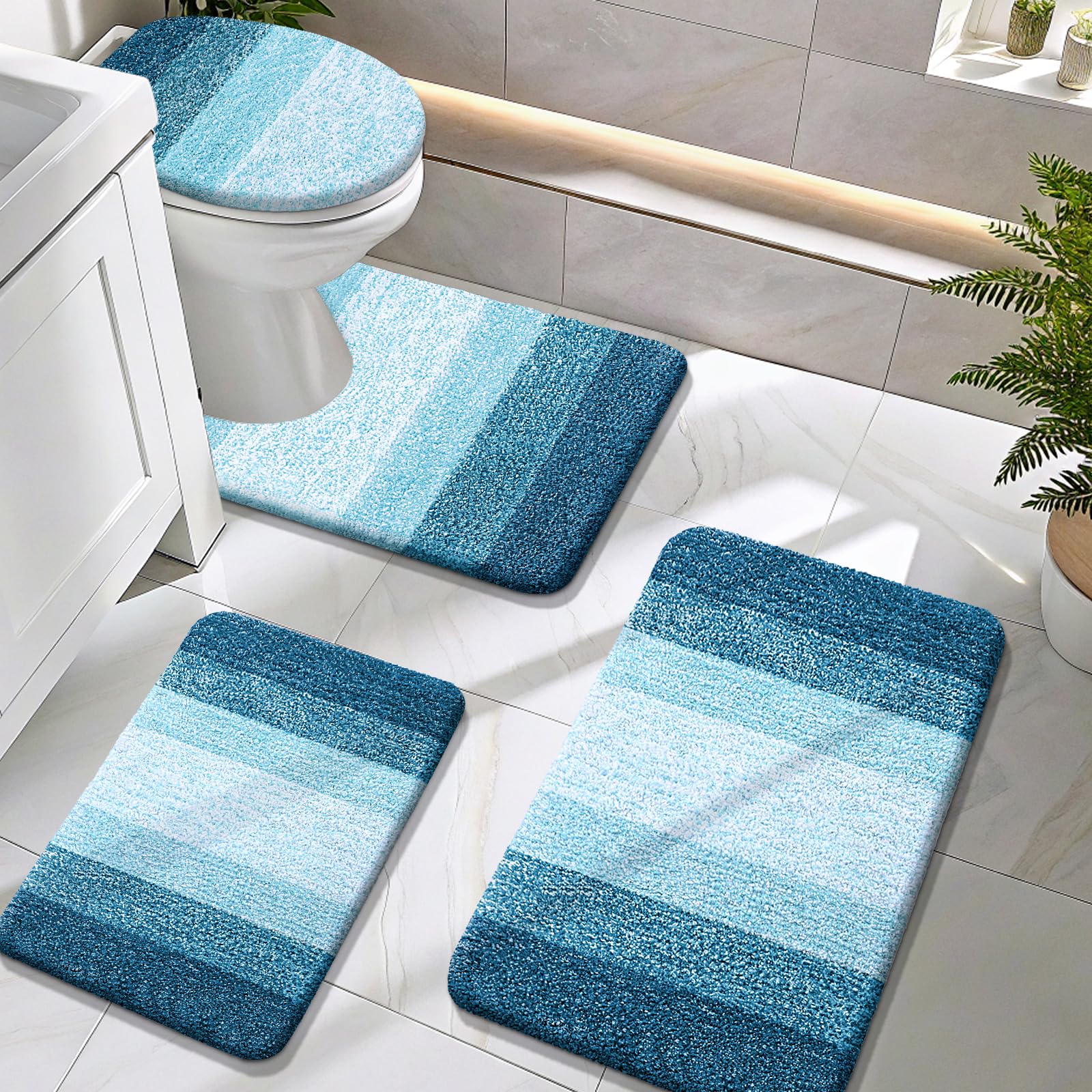 OLANLY Bathroom Rugs Sets 4 piece, Soft Microfiber Absorbent Bath Mat, U-Shaped Contour Toilet Mat and Toilet Lid Cover, Quick Dry, Machine Washable, Toilet Cover and Rug Set for Bathroom, Grey