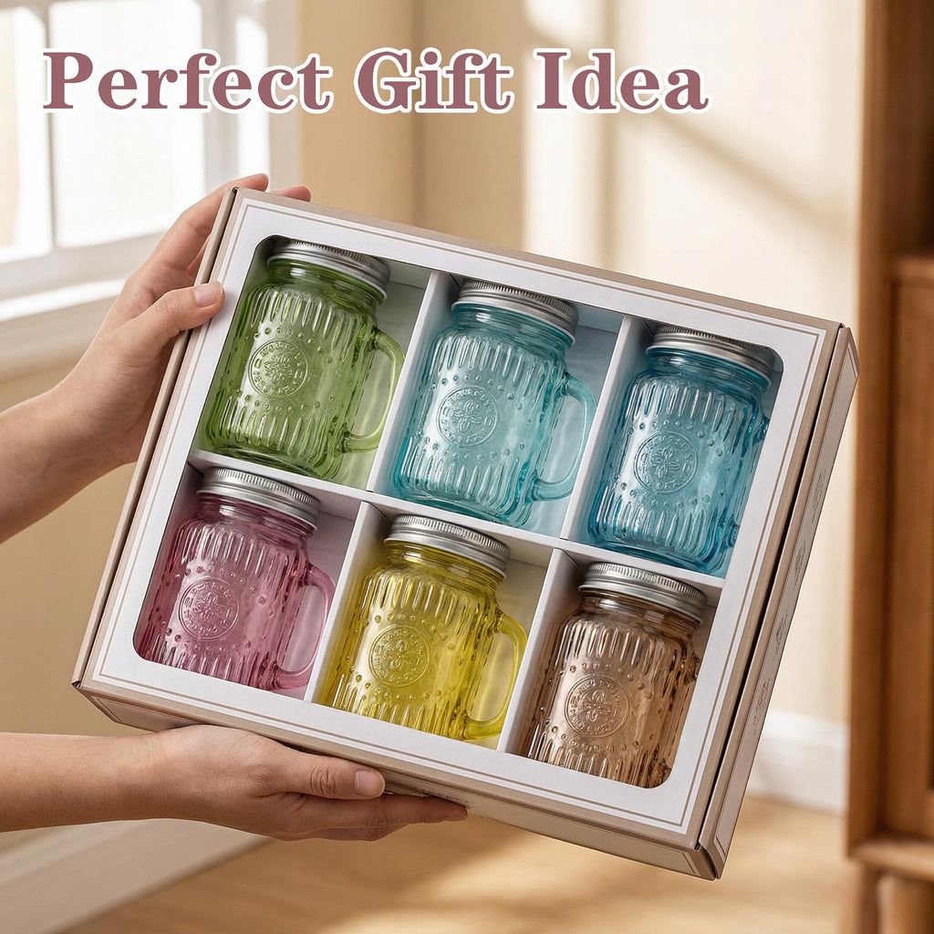DaYammi Mason Jars with Lids and Straws, 6 Pack 16 Oz Glass Cups for Cold Beverages, Juice, Smoothies, Iced Coffee, Cocktails Leak-Proof Drinking Glasses with Sealed & Straw Lids, Colorful