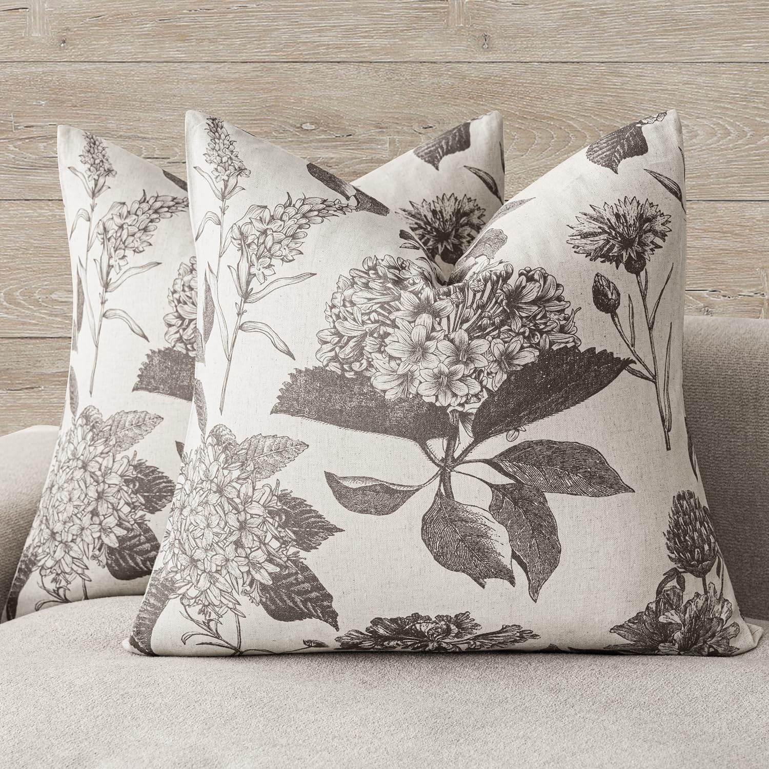 Foindtower Set of 2 Linen Floral Vintage Throw Pillow Covers Neutral Accent Print Decorative Cushion Covers Farmhouse Boho Home Decor for Sofa Chair Couch Bedroom Living Room,18×18 Inch,Blue