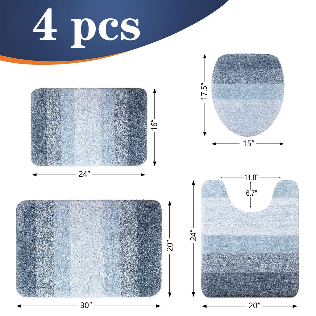 OLANLY Bathroom Rugs Sets 4 piece, Soft Microfiber Absorbent Bath Mat, U-Shaped Contour Toilet Mat and Toilet Lid Cover, Quick Dry, Machine Washable, Toilet Cover and Rug Set for Bathroom, Grey