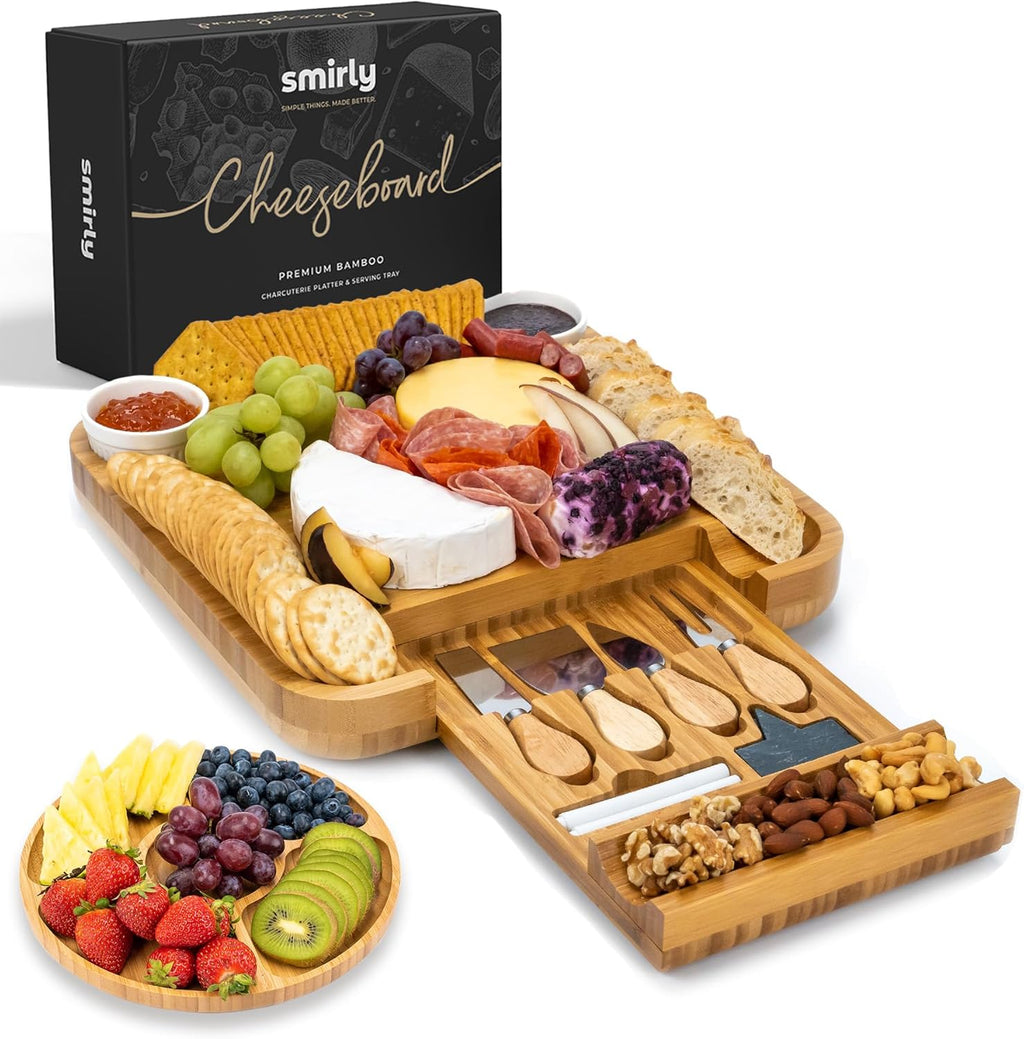 Flat Acacia Wood Cheeseboard & 1 Side Bamboo Charcuterie Boards Gift Set