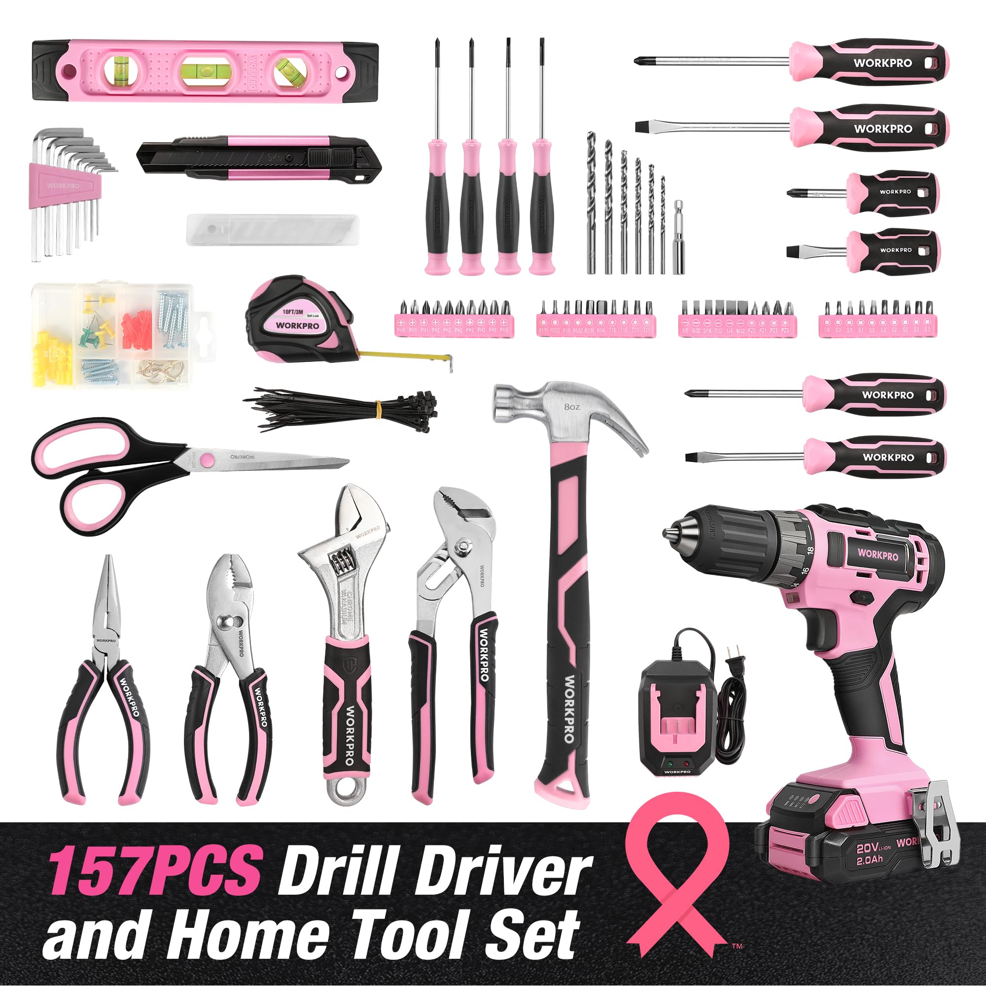 WORKPRO Home Tool Set with 20V Cordless Lithium-Ion Drill Driver, Household Repairing Tool Kit with Drill, 157PCS Power Drill Sets, 14-Inch Wide Mouth Storage Tool Bag, Green