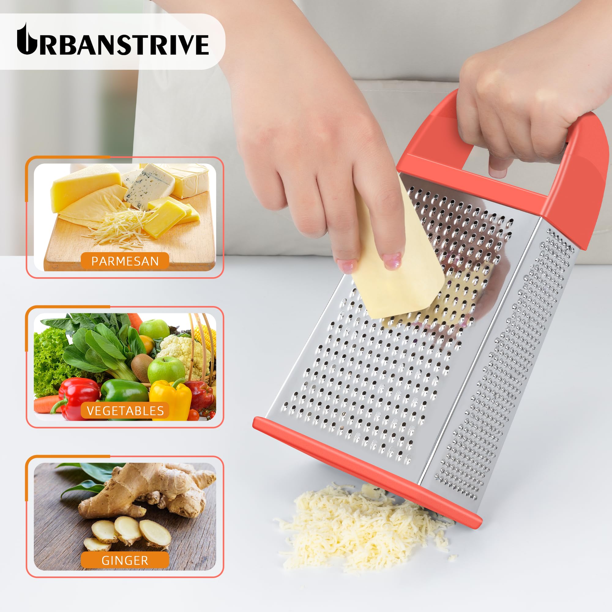 Urbanstrive Cheese Grater With Container Box Grater Stainless Steel Graters for Kitchen Cheese Shredder Parmesan Shredder Kitchen Gadgets Kitchen Tools Kitchen Gifts for Chef Dishwasher Safe Zester