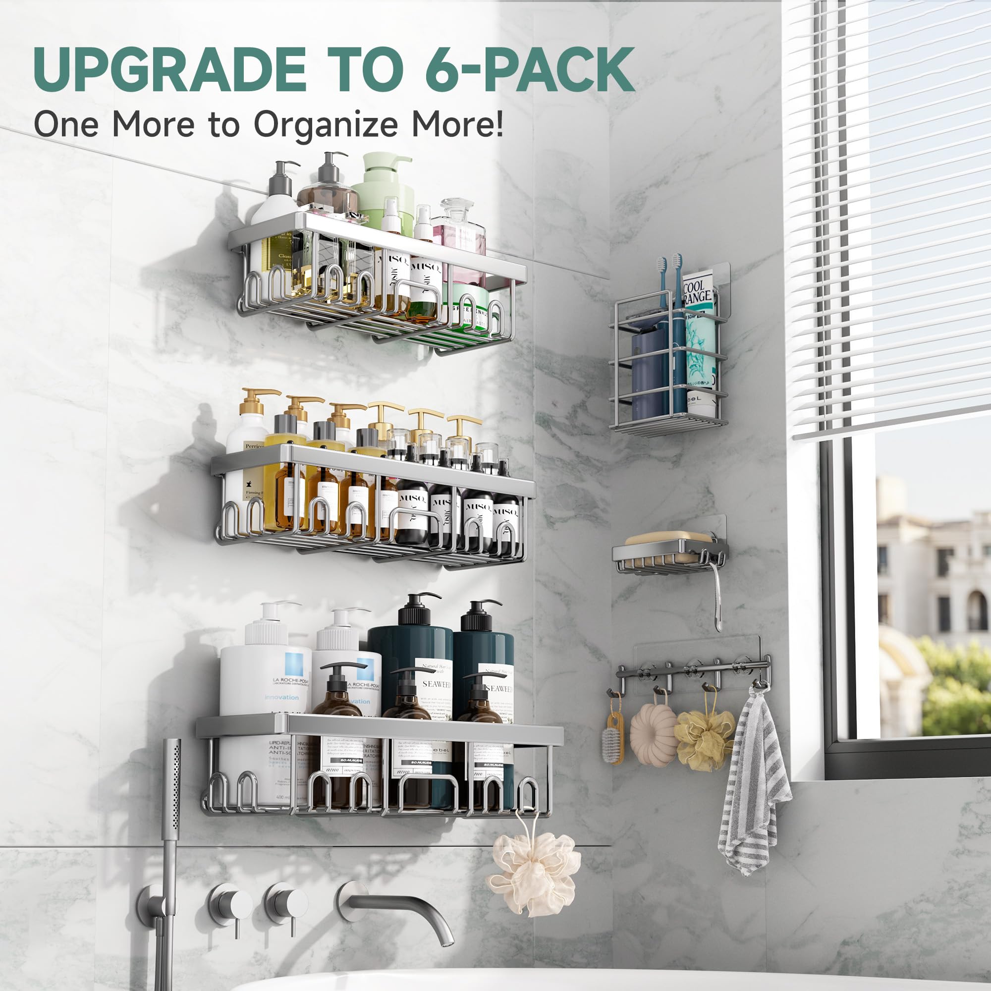 Veken Shower Caddy 6-Pack, Advanced Rustproof Design, No Drilling Adhesive Shelves, Rack with Soap Holder, Large Capacity Bathroom Organizers and Storage, Wall-Mounted Kitchen & Home Decor