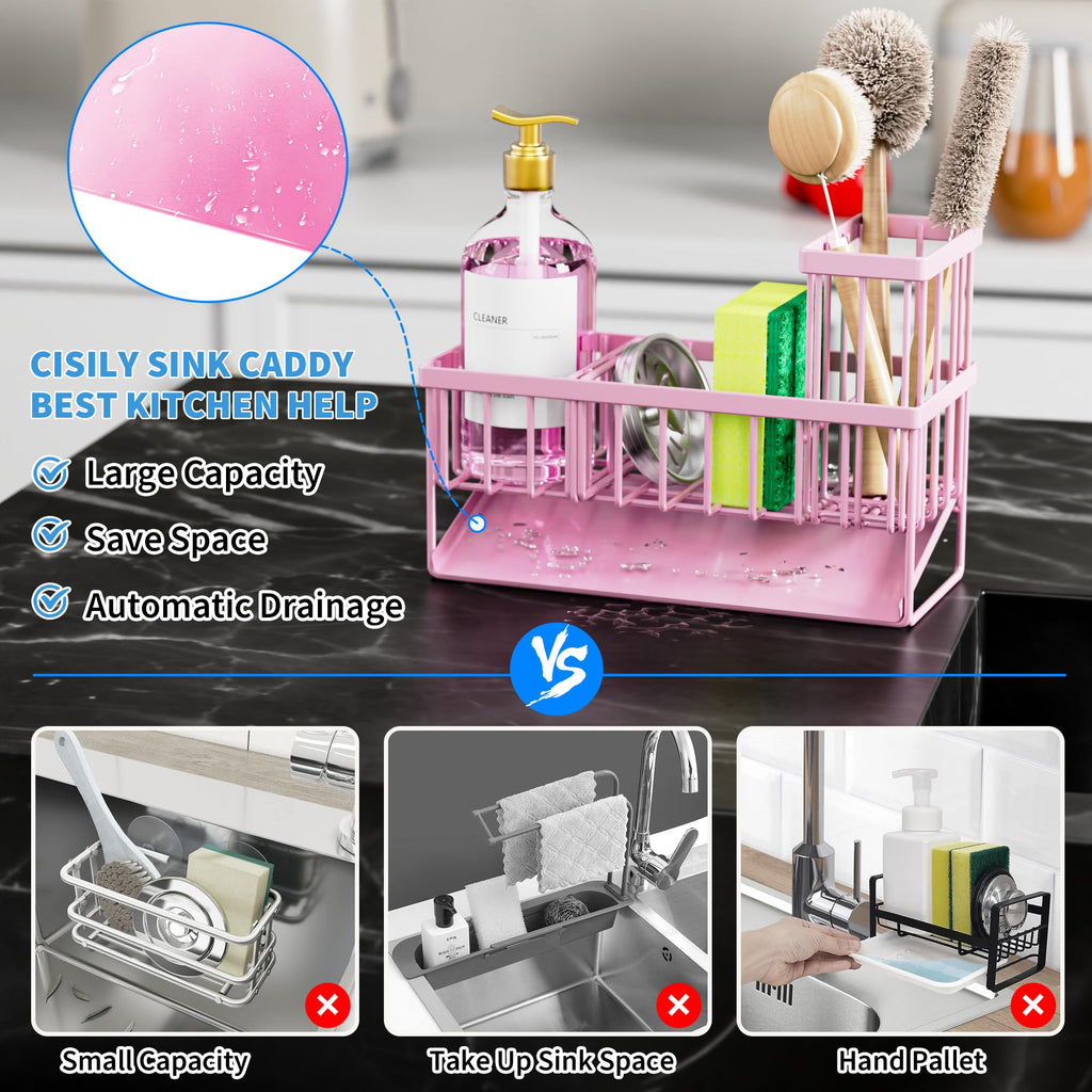 Cisily Sink Caddy Sponge Holder for Kitchen with Brush Holder and Stainless Steel Self Drain Tray, Rustproof Kitchen Sink Organizer for Sponge, Soap Dispenser Storage Accessories