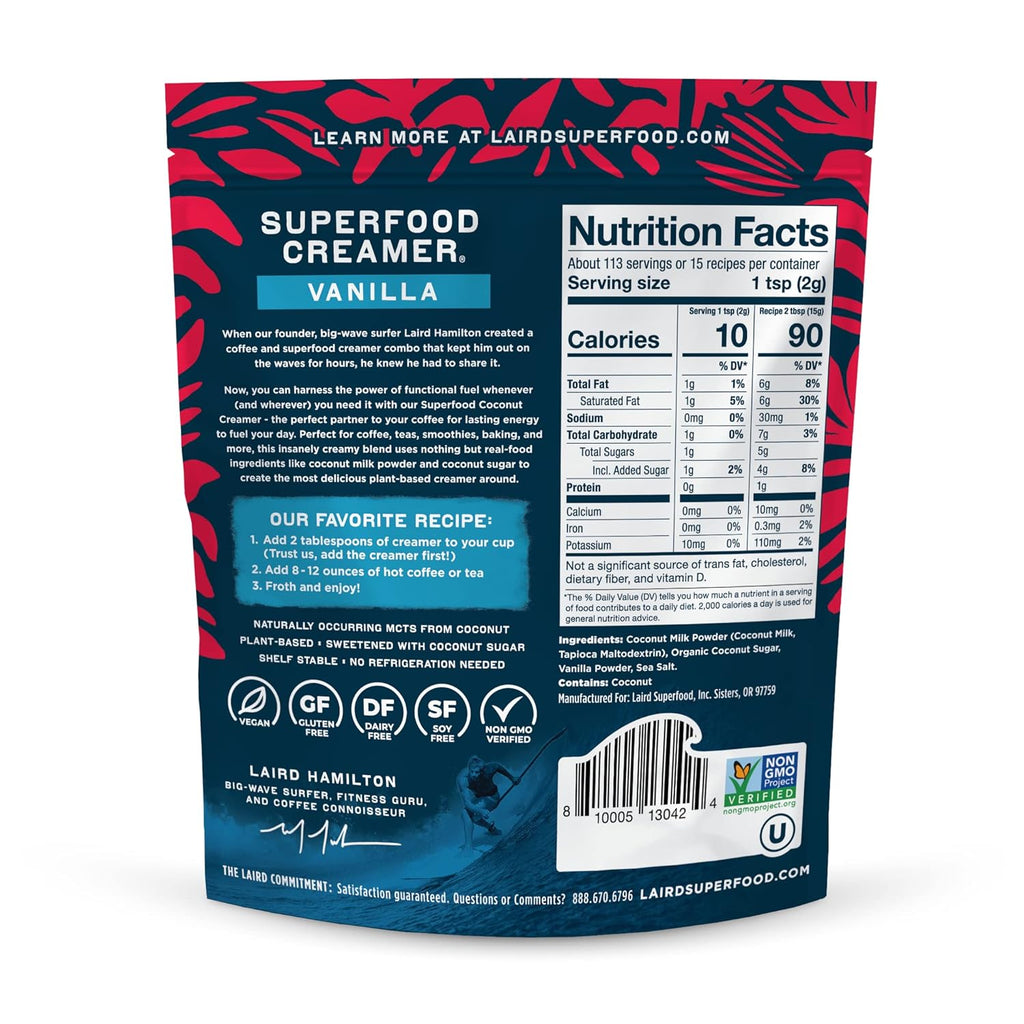 Laird Superfood Non-Dairy Coconut Powder Creamer - Sweet & Creamy + Adaptogens - Superfood Creamer with Functional Mushrooms - Non-GMO, Vegan, 8 oz. Bag, Pack of 1