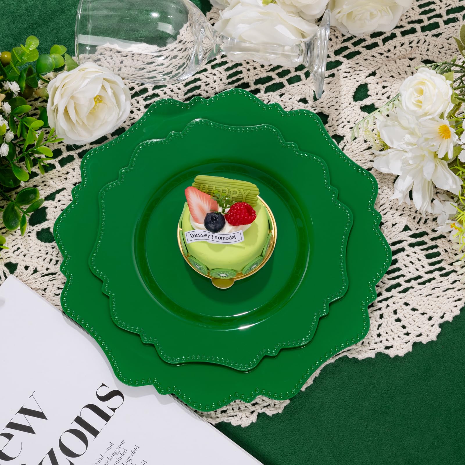 COLOSUS 60PCS White Plastic Plates for 30 guests-Fancy Plastic Beaded Plates,Plastic Plates for Party, Elegant White plates,Include 30 PCS 10.5" Dinner plates & 30PCS 8.25" Dessert plates for easter