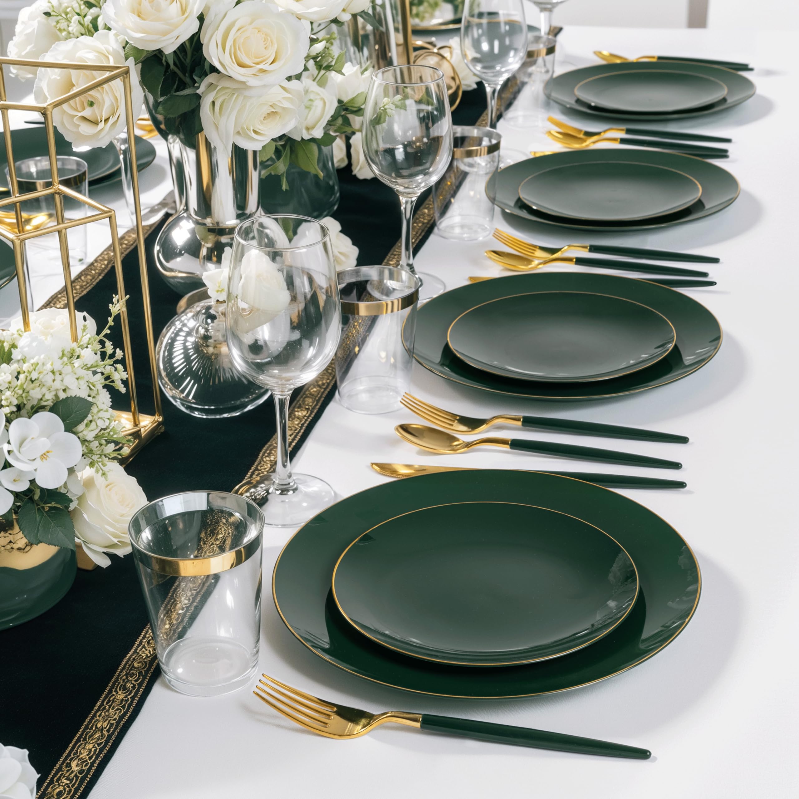 DaYammi 150Pcs Gold Plastic Plates with Disposable Silverware,White Gold Disposable Dinnerware Set - 30 Dinner Plate,30 Dessert Plate,90 Gold Cutlery with White Handles,Fancy Plates for Party Wedding