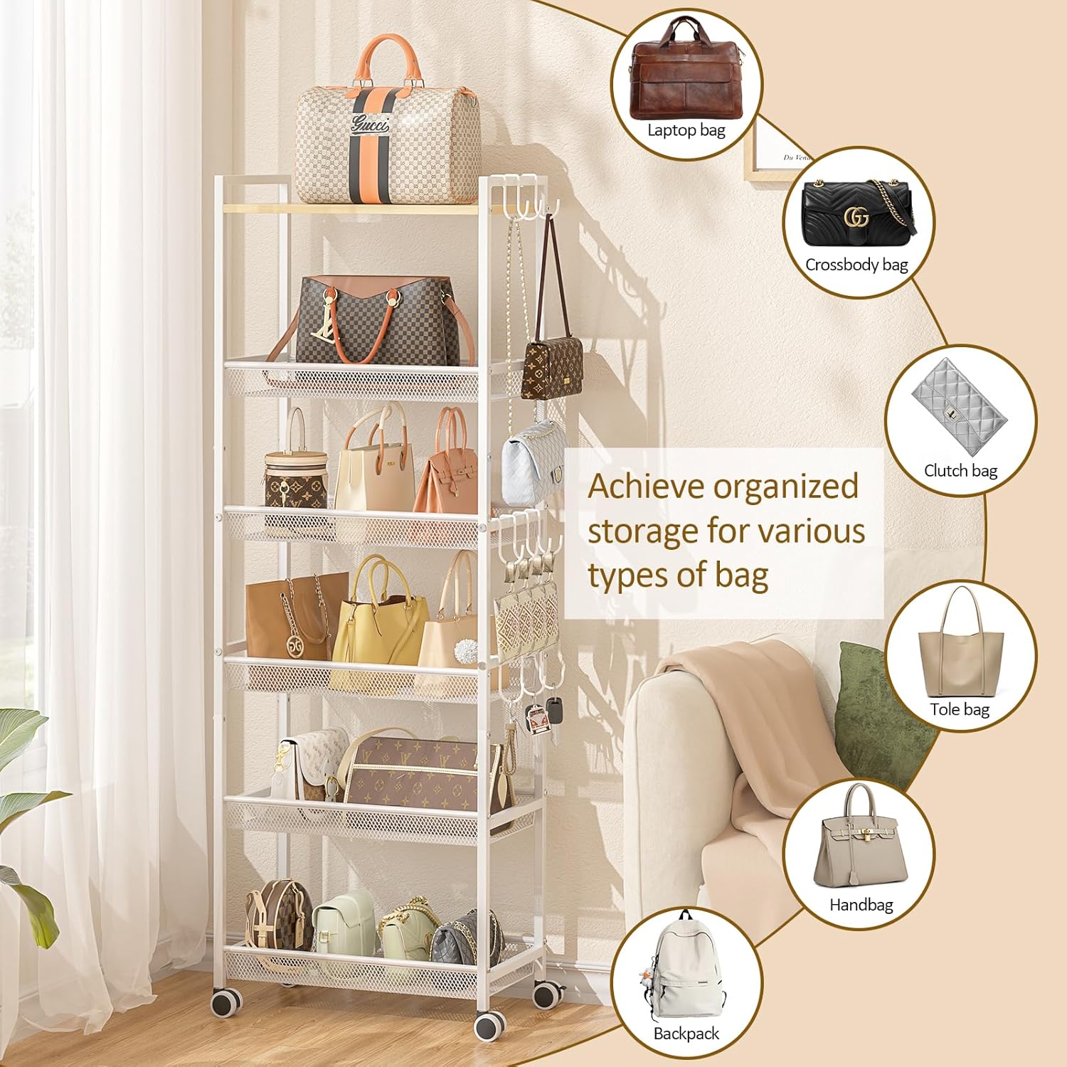 ThreeHio 6-Tier Closet Organizer and Storage Shelf with 12 Hooks, Tall Purse Rack for Closet with Lockable Wheels & Wooden Top, Heavy-Duty Rolling Handbag Stand Rack for Bedroom or Entryway, White