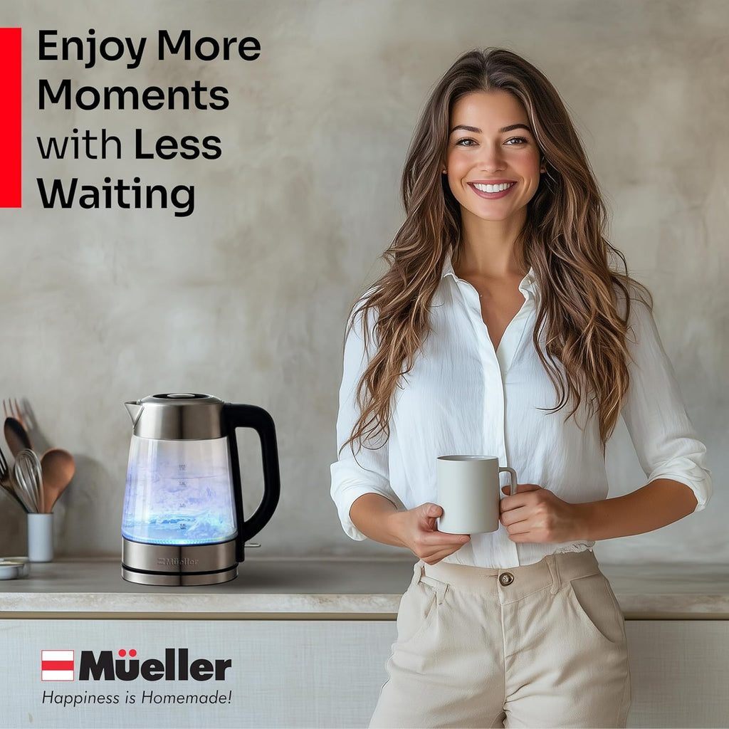 Mueller Rapid Boil Electric Tea Kettle 1.8L – Borosilicate Glass & Stainless Steel – BPA-Free Hot Water Boiler, LED Light, Auto Shut-Off, Boil Dry Protection Fast Water Heater – Kitchen Appliances