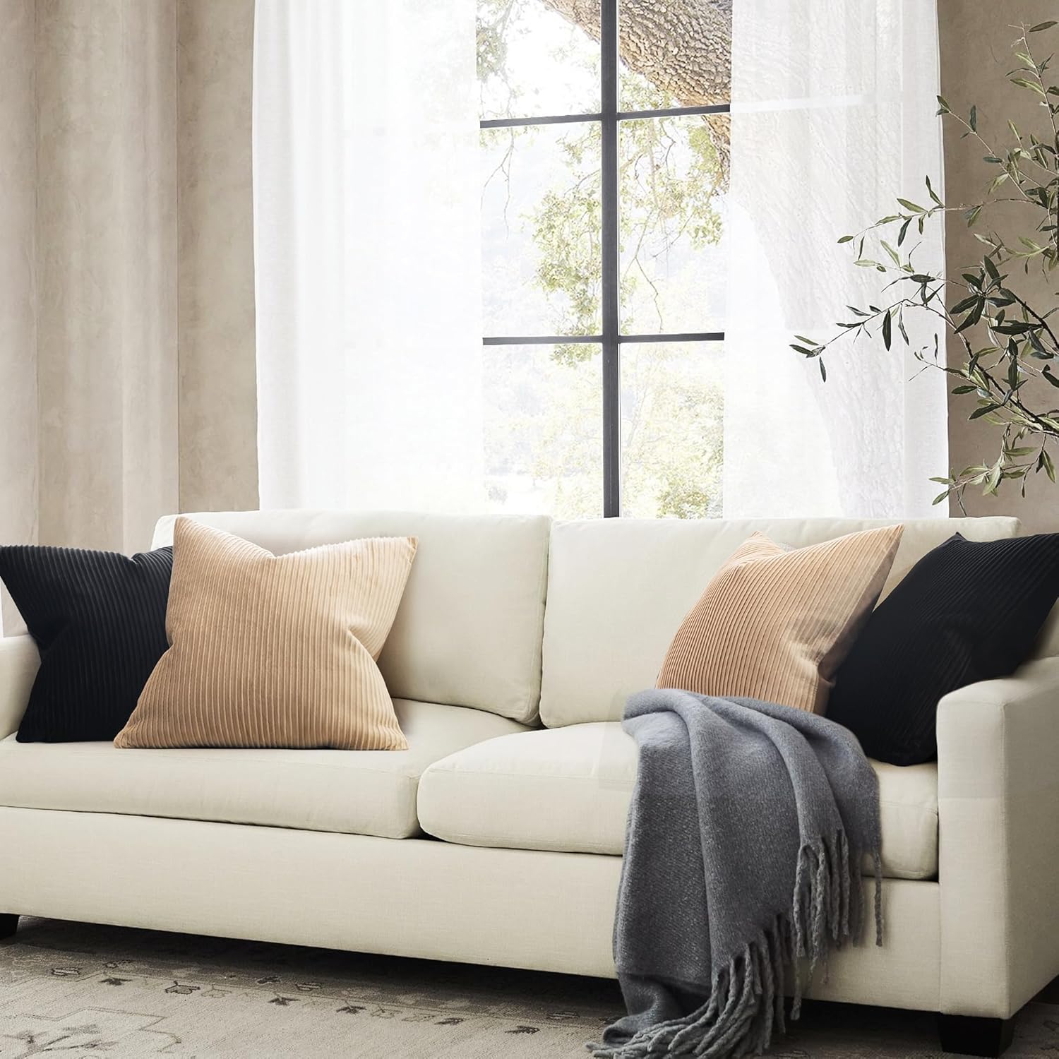YCOLL Black&Beige Velvet Striped Pillow Covers