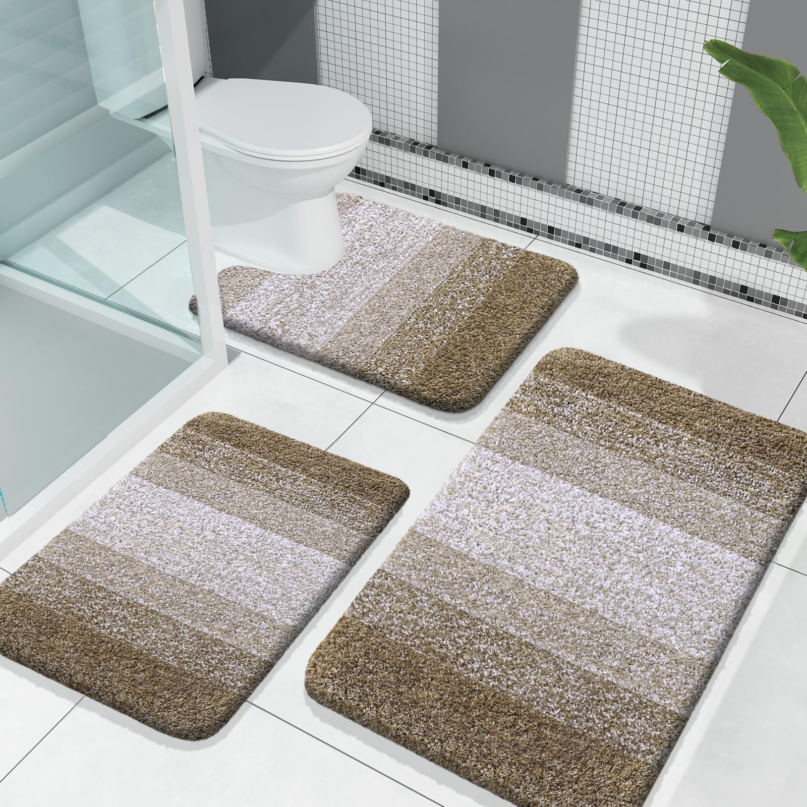 OLANLY Bathroom Rugs Sets 3 Piece, Soft Absorbent Microfiber Bath Mats and U-Shaped Contour Toilet Rug, Machine Wash Dry, Plush Shaggy Bath Mat Set for Bathroom (30"x20"+24"x16"+24"x20", Grey)