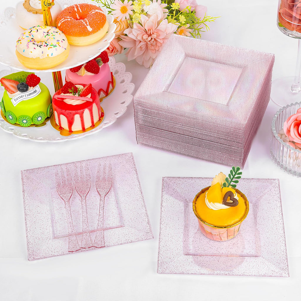 DaYammi 200Pcs Gold Dessert Plates Including 100Pcs Appetizer Plates 6",100Pcs Plastic Forks 5.7",Gold Glitter Plastic Square Plate for Party,Gold Salad Plate and Cake Forks for Party Wedding