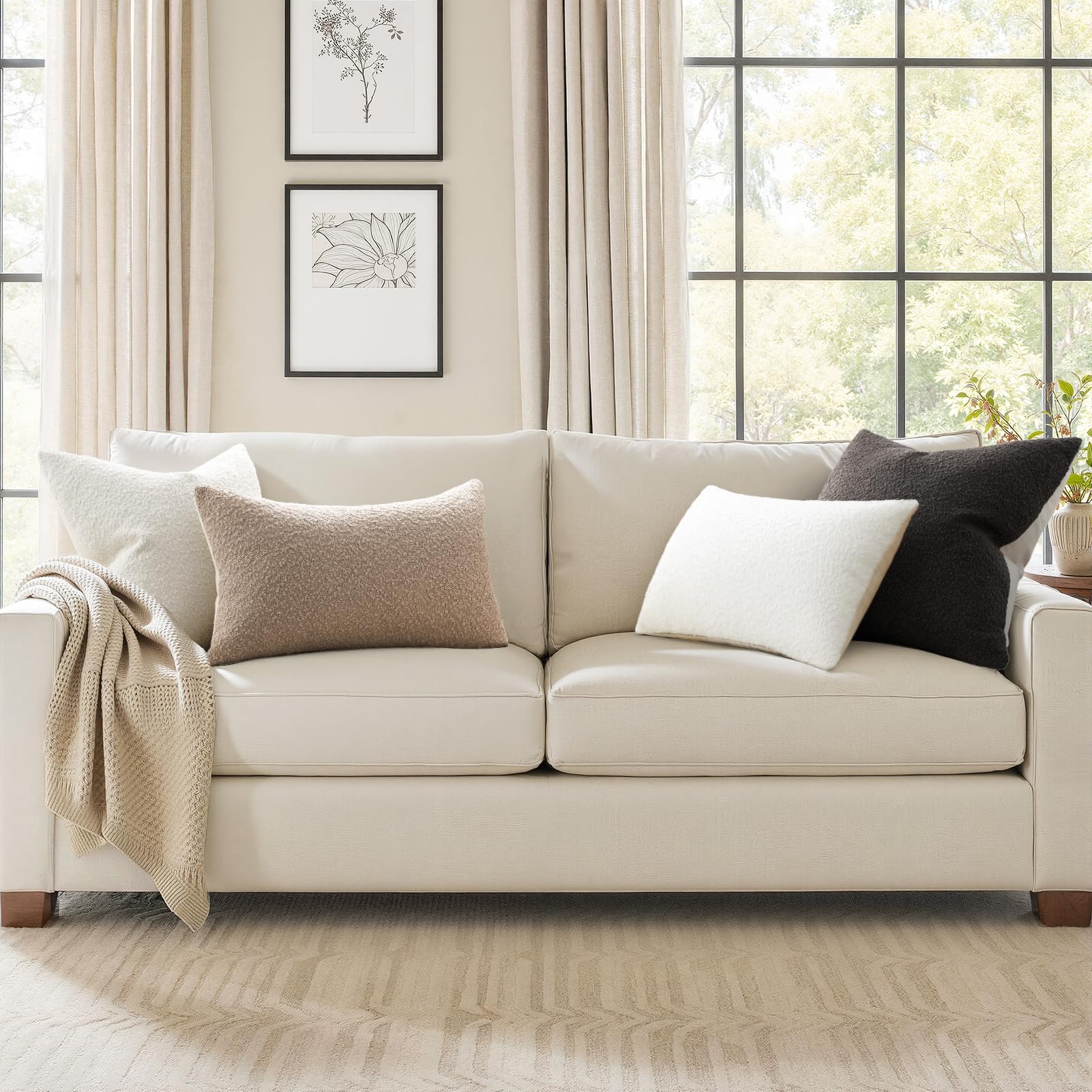 Topfinel Boucle Decorative Pillow Covers 18x18 Inches Set of 4 Neutral Cream Ivory White Pillowcase with Linen Cotton Back Chair Sofa Modern & Minimal Living Room Spring Home Decor
