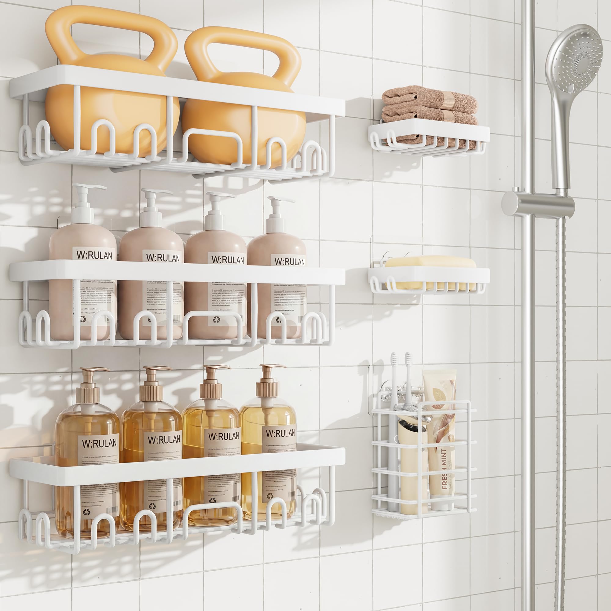 Veken Shower Caddy 6-Pack, Advanced Rustproof Design, No Drilling Adhesive Shelves, Rack with Soap Holder, Large Capacity Bathroom Organizers and Storage, Wall-Mounted Kitchen & Home Decor