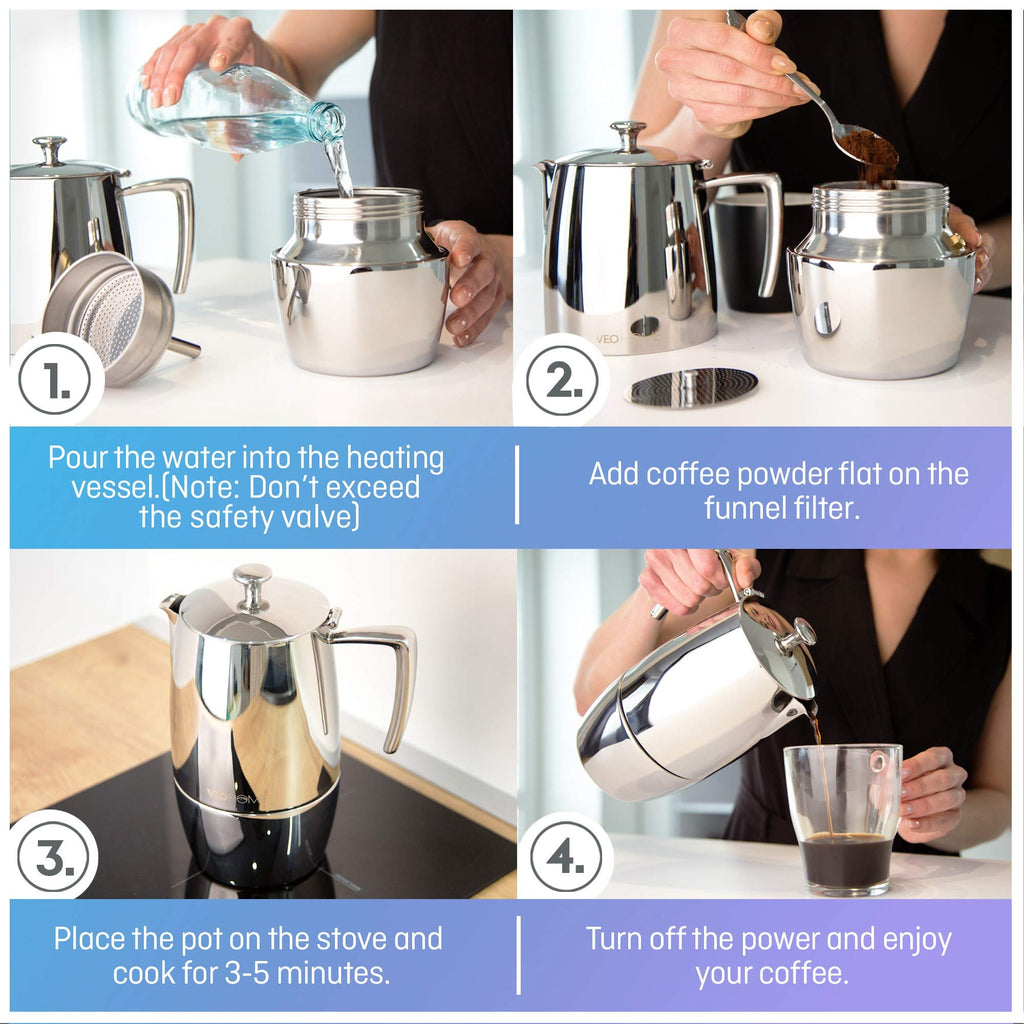VeoHome Stovetop Espresso Coffee Maker - l Multi-Stove Stainless Steel Induction Moka Pot (300 mL)