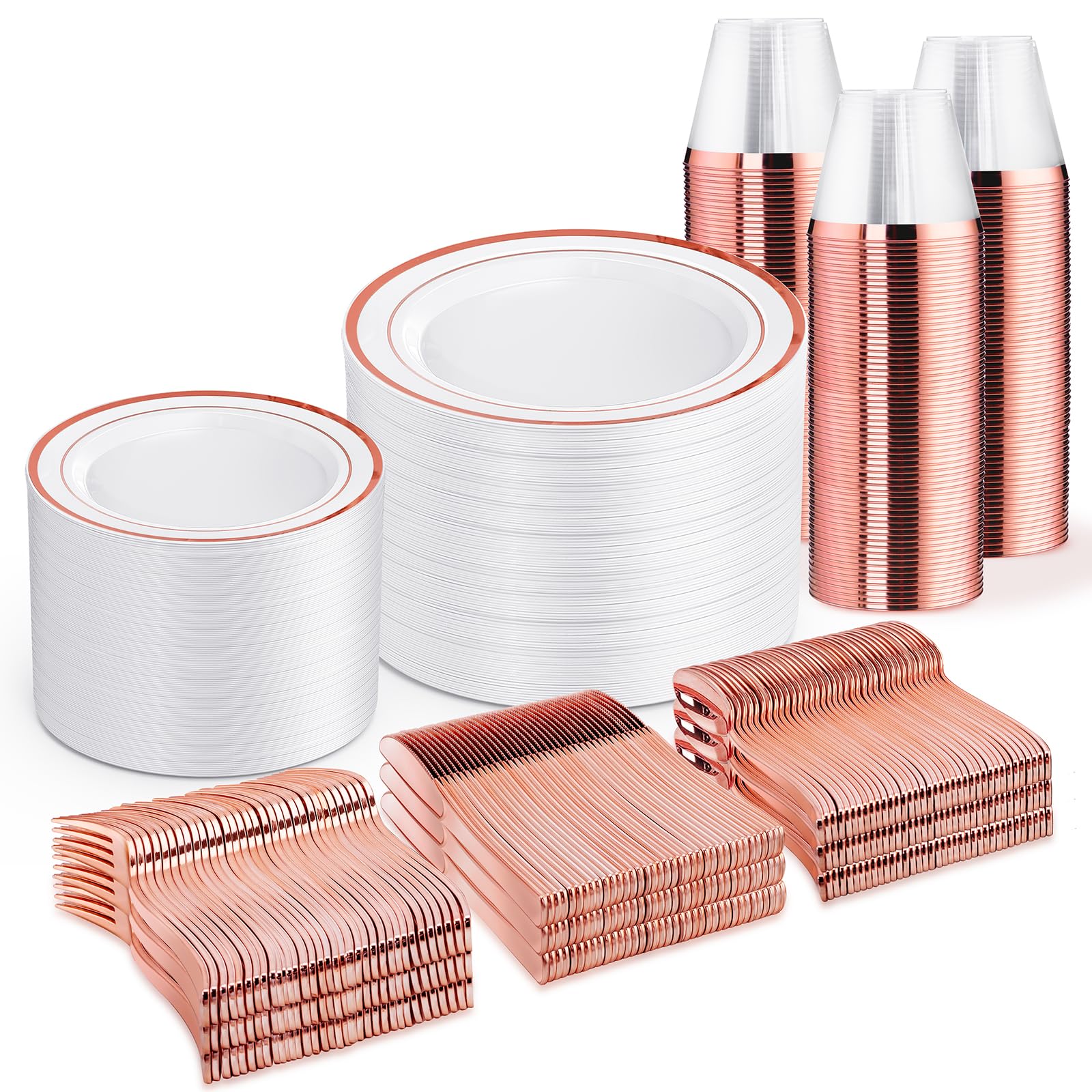 WELLIFE 600 PCS Silver Disposable Dinnerware Set for 100 Guests, Wedding Reception Plates & Silver Plastic Tableware, Dinner & Salad Plates, Cups, Forks, Knives & Spoons for Weddings & Elegant Events