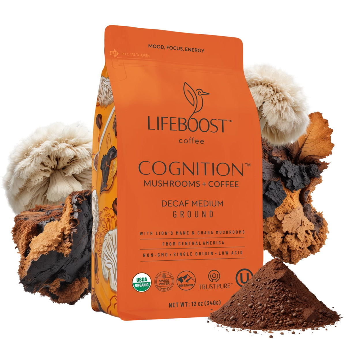 Lifeboost Cognition Mushroom Ground Coffee, Organic Low Acid, 12oz