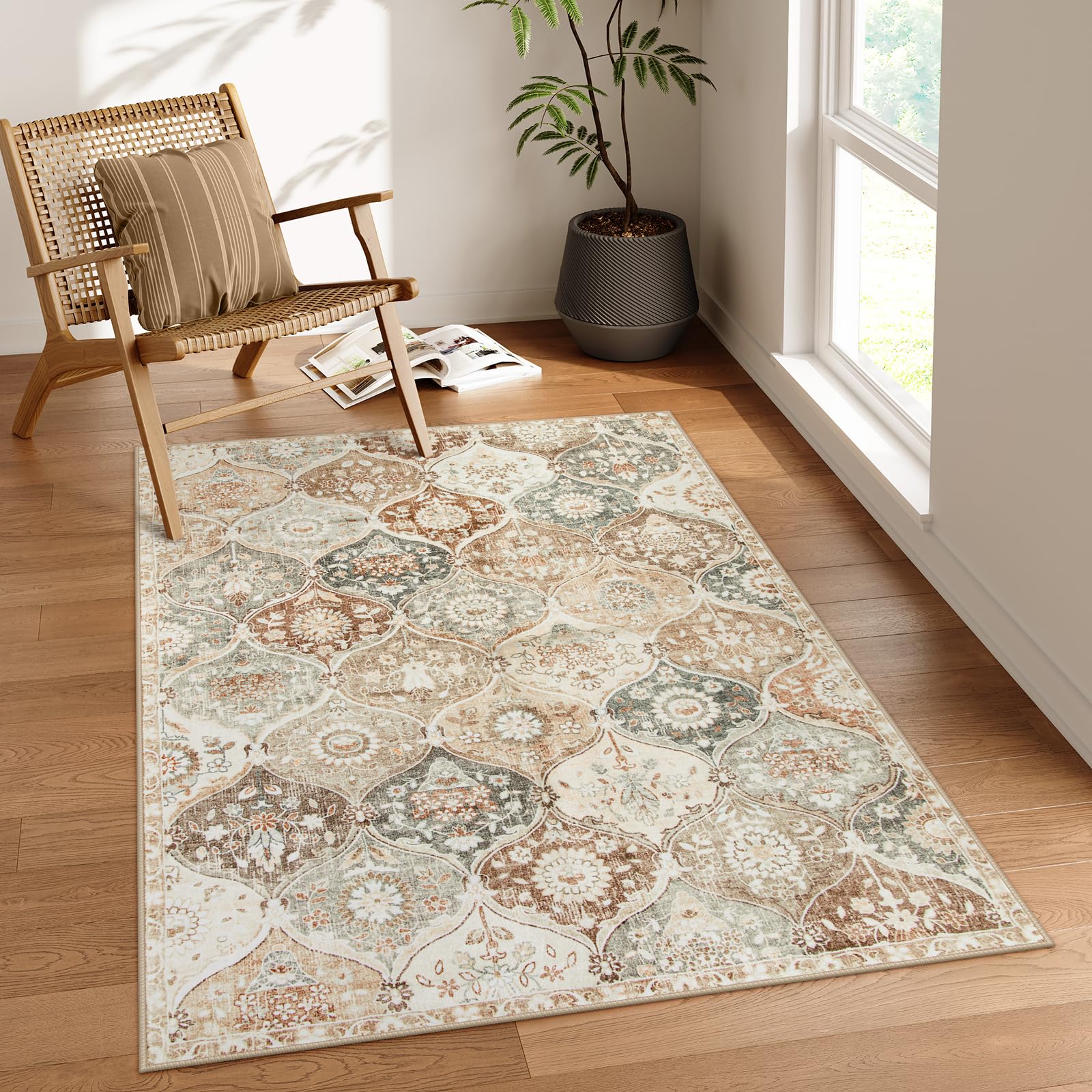 Lahome Moroccan Trellis Washable Rug, 2x3 Kitchen Rugs for Entryway Bathroom, Non-Slip Indoor Door Mat Ultra-Thin, Small Oriental Throw Carpet for Bedroom Entry Elise, Cream/Multi