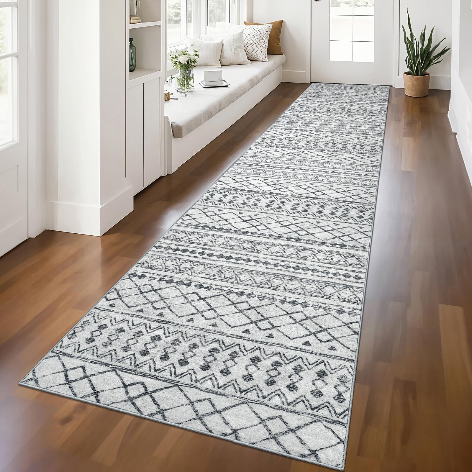 KUTA Washable Non-Slip Rugs for Entryway 2x3, Grey Moroccan Boho Small Area Rug, Ultra Soft Vintage Geometric Low-Pile Indoor Door Mat Floor Carpet for Indoor, Entrance, Kitchen, Bathroom, Bedroom