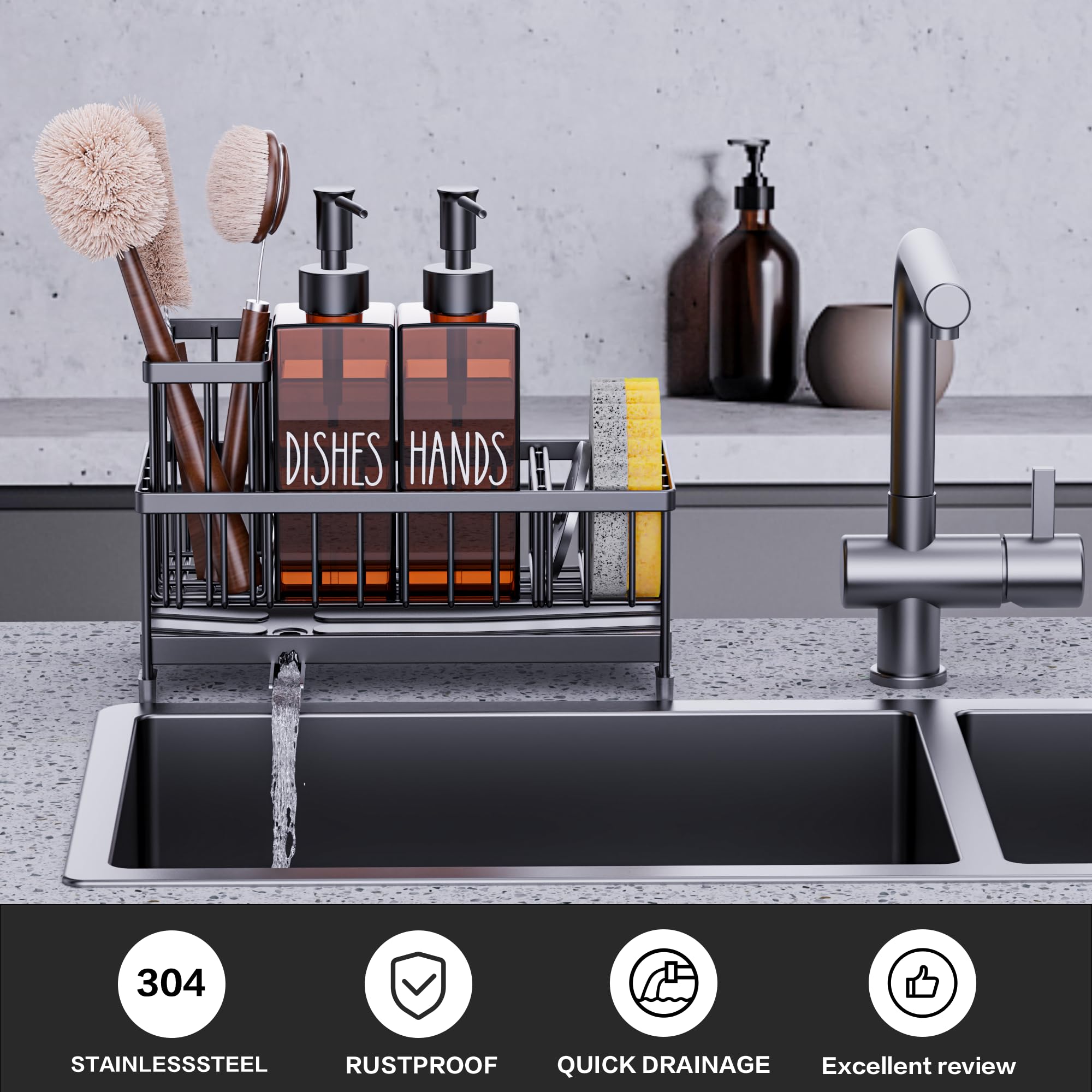 Cisily Juego de dispensador de jabón de cocina con organizador para fregadero, botella de vidrio de 12 onzas, dispensador de jabón para manos y platos con soporte para esponja, accesorios organizadores de fregadero de cocina de acero inoxidable negro