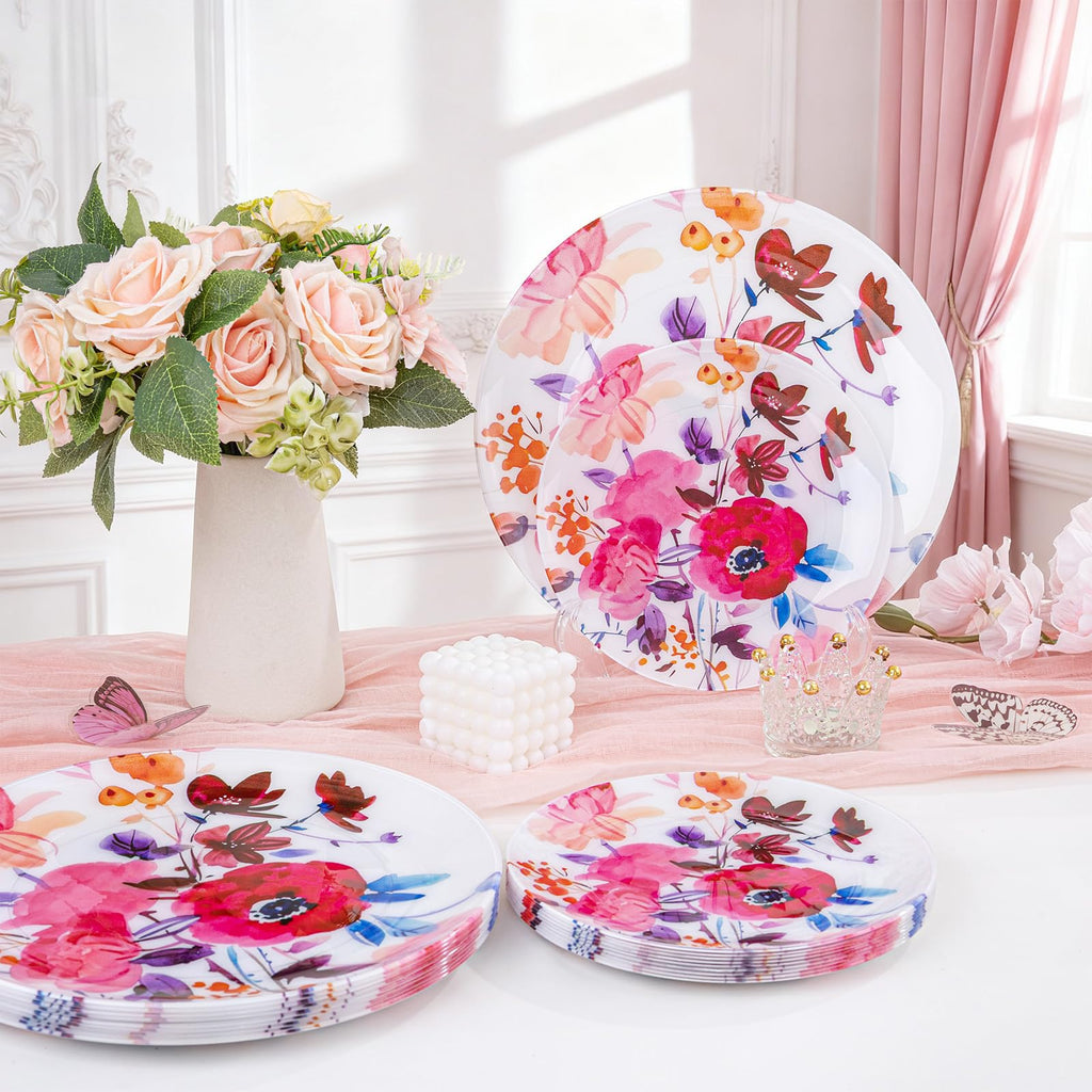 DaYammi 20Pcs Floral Disposable Plastic Plates-Disposable Heavy duty Watercolor Floral Plastic Plates 10.25 inch Dinner plates and 7.5 inch Dessert plates, Disposable Plate for Party Mother's Day