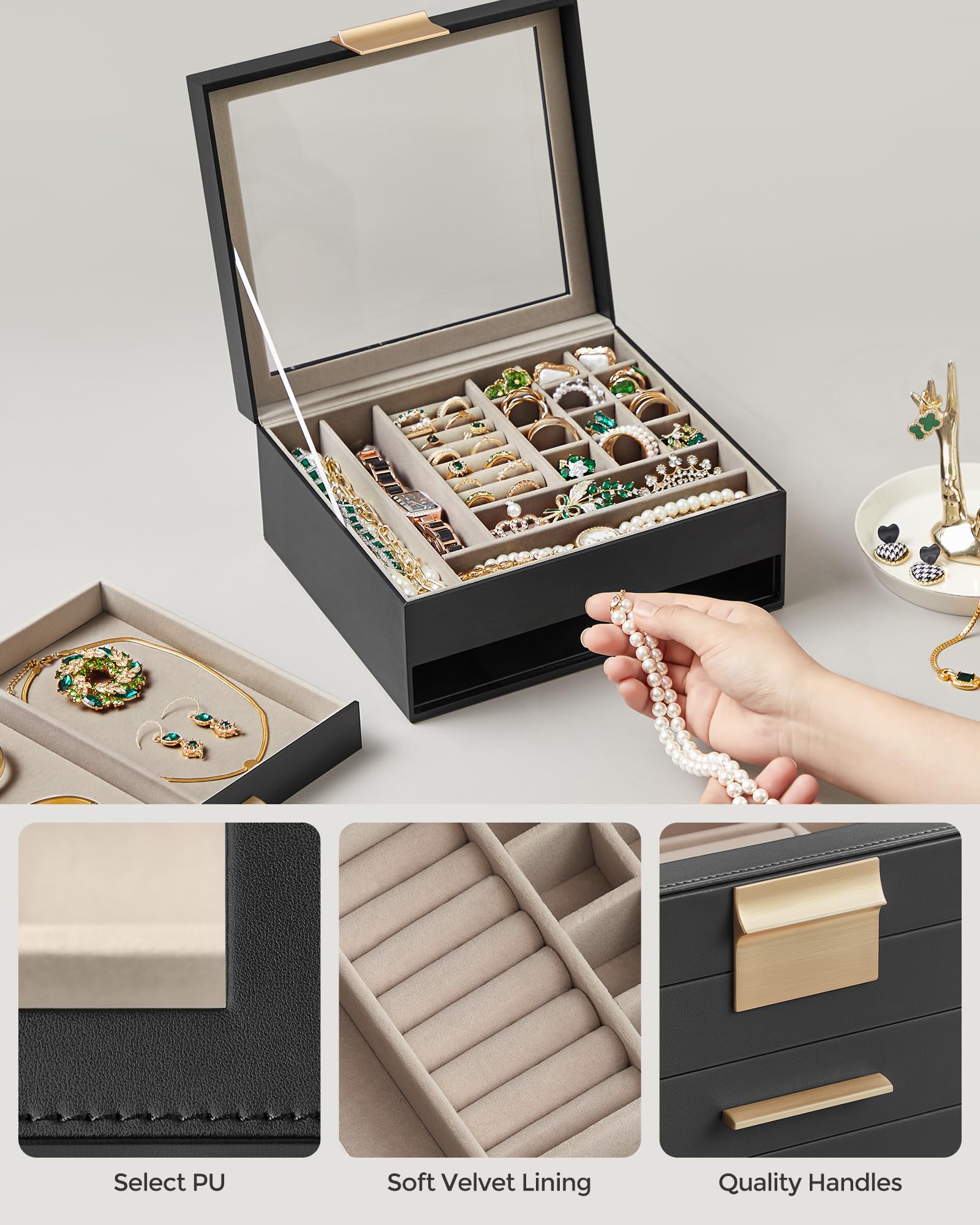 SONGMICS GISELLA Collection - Jewelry Box Organizer, 3-Layer Jewelry Storage with 2 Drawers, Shiny Metal Hardware, Glass Lid, Modern, 8 x 9.1 x 5.3 Inches, Cloud White and Gold Color UJBC239WT
