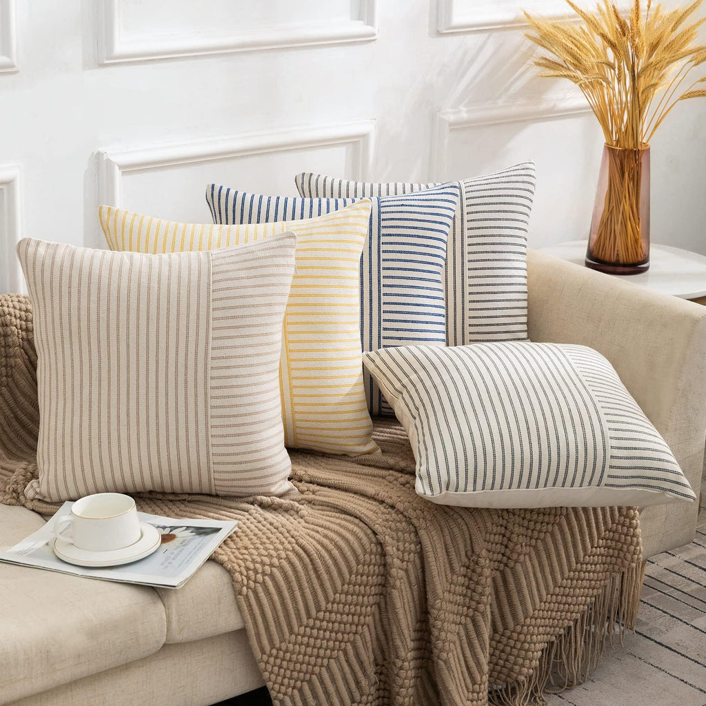 YCOLL Farmhouse Pillow Covers 18x18, Modern Accent Square Throw Pillow Covers Set of 2, Gray and Beige Striped Patchwork Linen Decorative Pillows Cushion Covers for Couch Chair Bedroom Home Decor