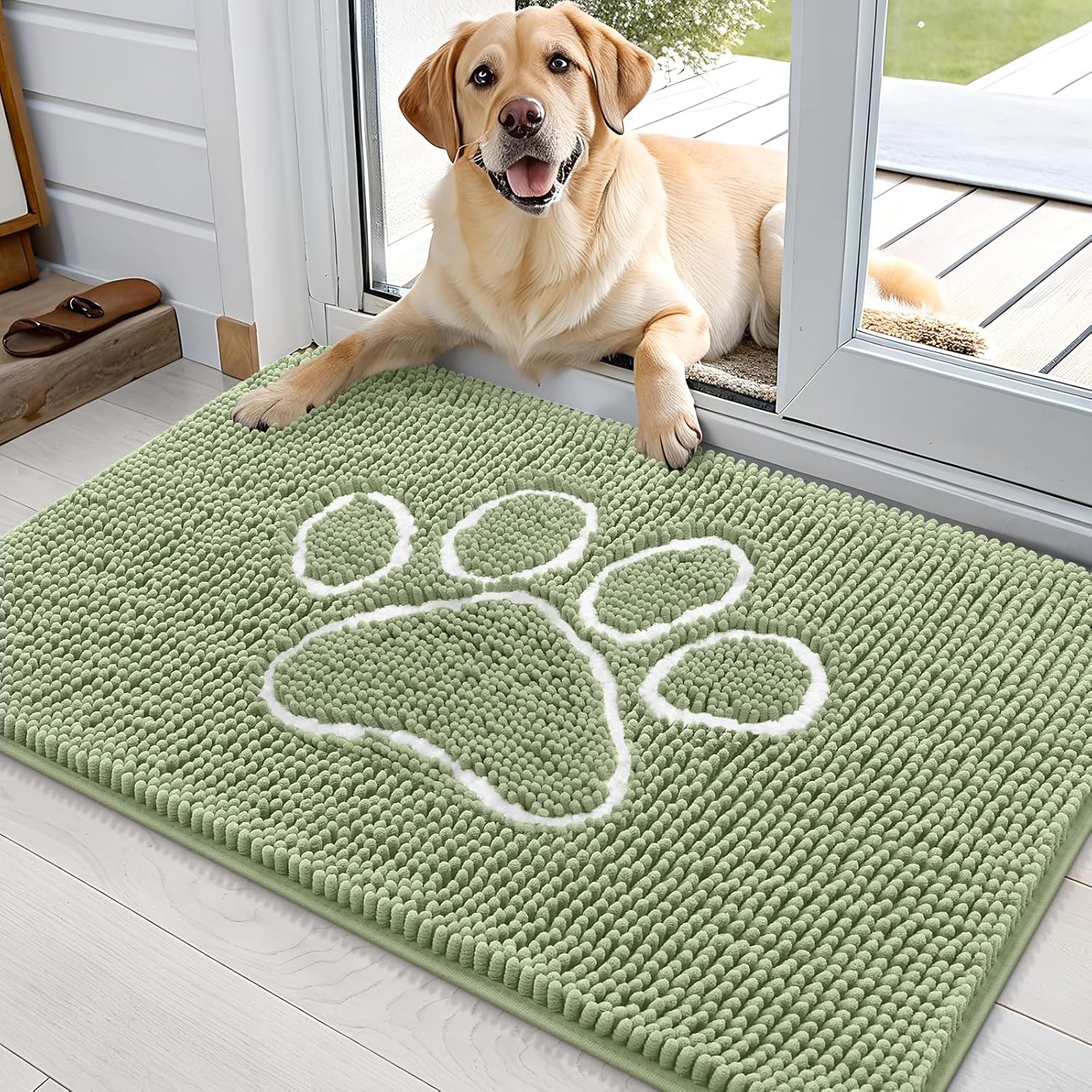 OLANLY Dog Door Mat for Muddy Paws 70x24, Absorbs Moisture and Dirt, Absorbent Non-Slip Washable Doormat, Quick Dry Chenille Mud Mat for Dogs, Entry Indoor Entryway Carpet for Inside Floor, Beige