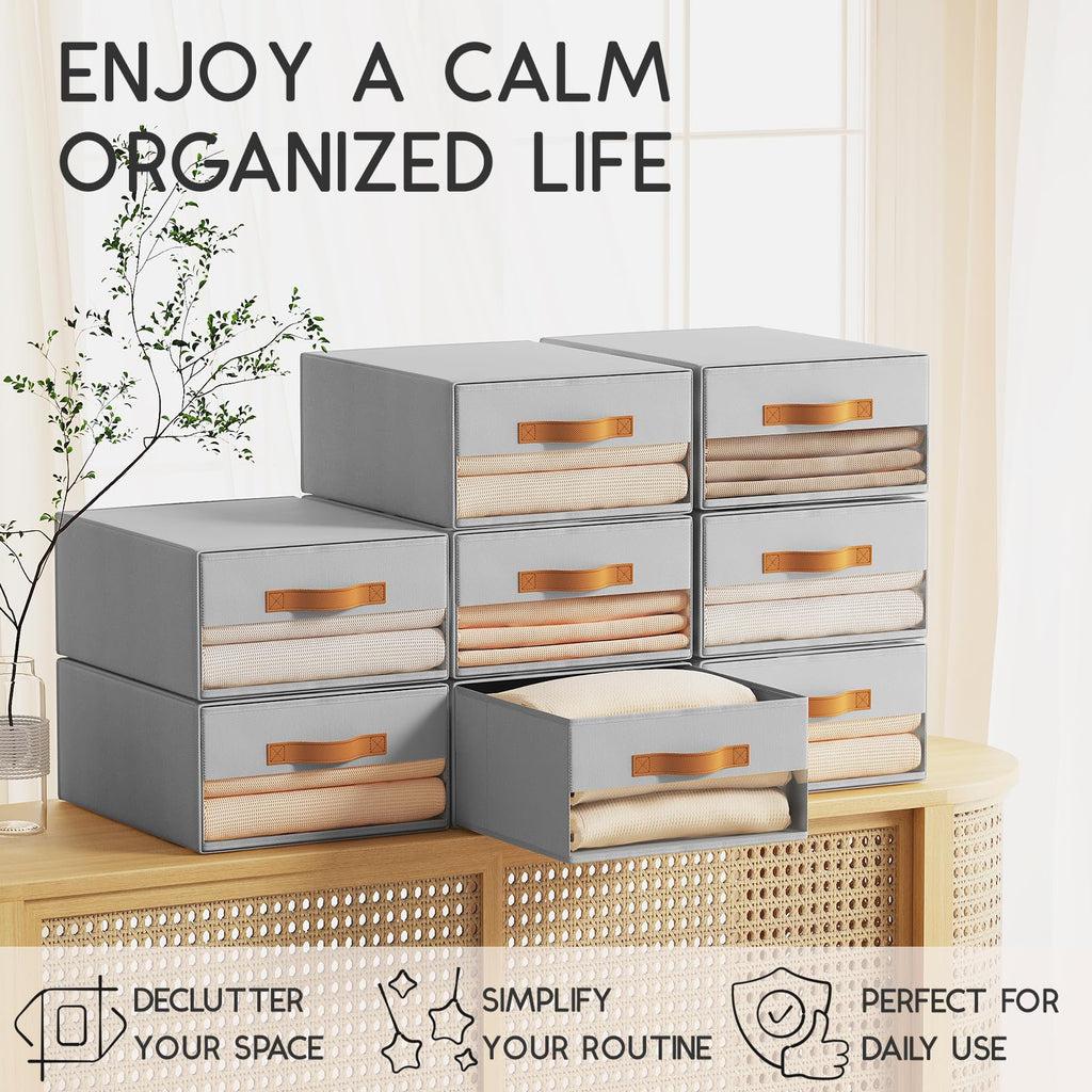 Homsorout Large Closet Storage Bins - 6 Pack Pull-Out Stackable Fabric Boxes with Clear Window, Foldable Closet Visible Storage Container for Bedroom, Living Room, Home Shelves, Grey