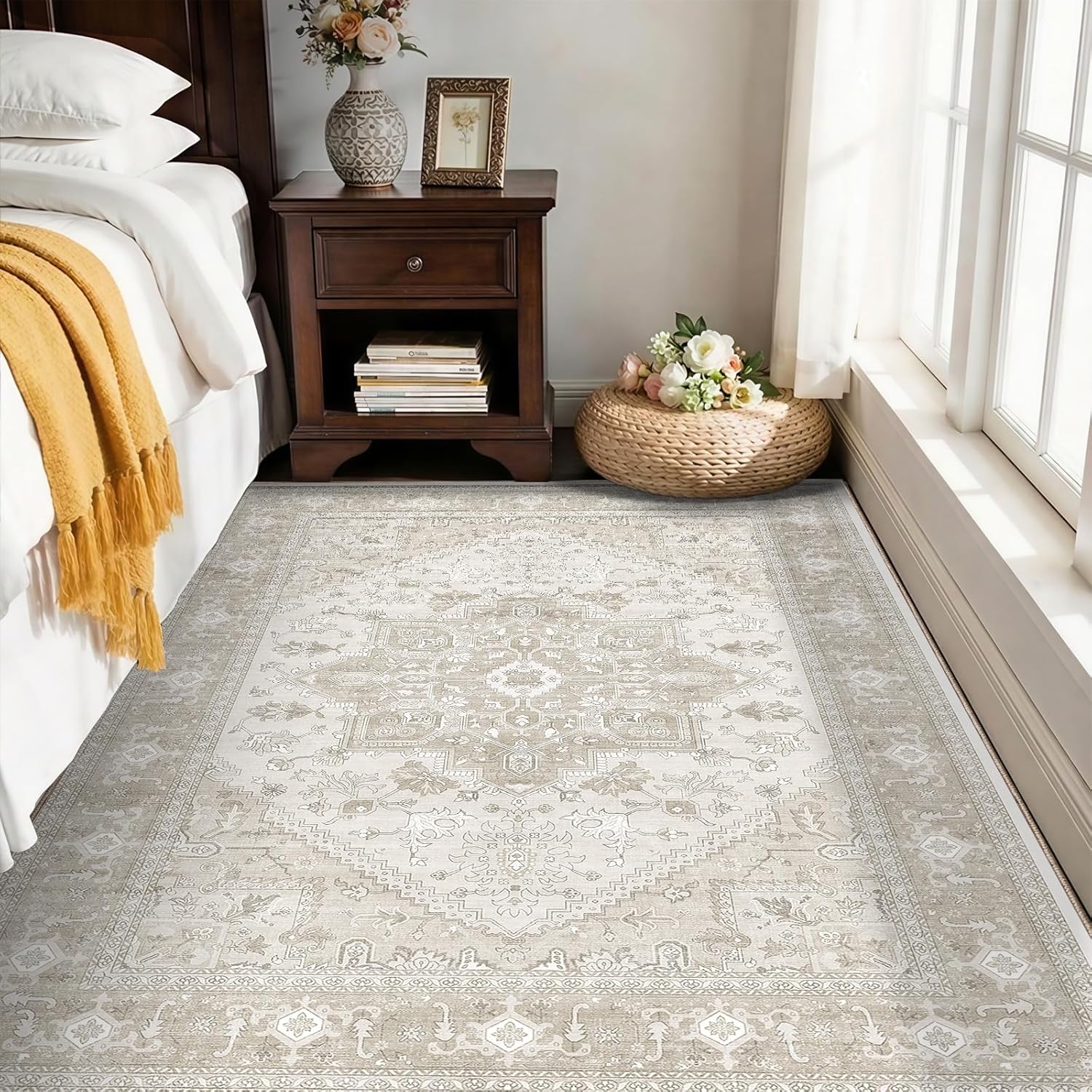 OPPODREAM Soft Area Rugs 5x7, 5x7 Washable Rug with Non Slip Backing, 5 x 7 Faux Cashmere Low-Pile Carpet, Brown