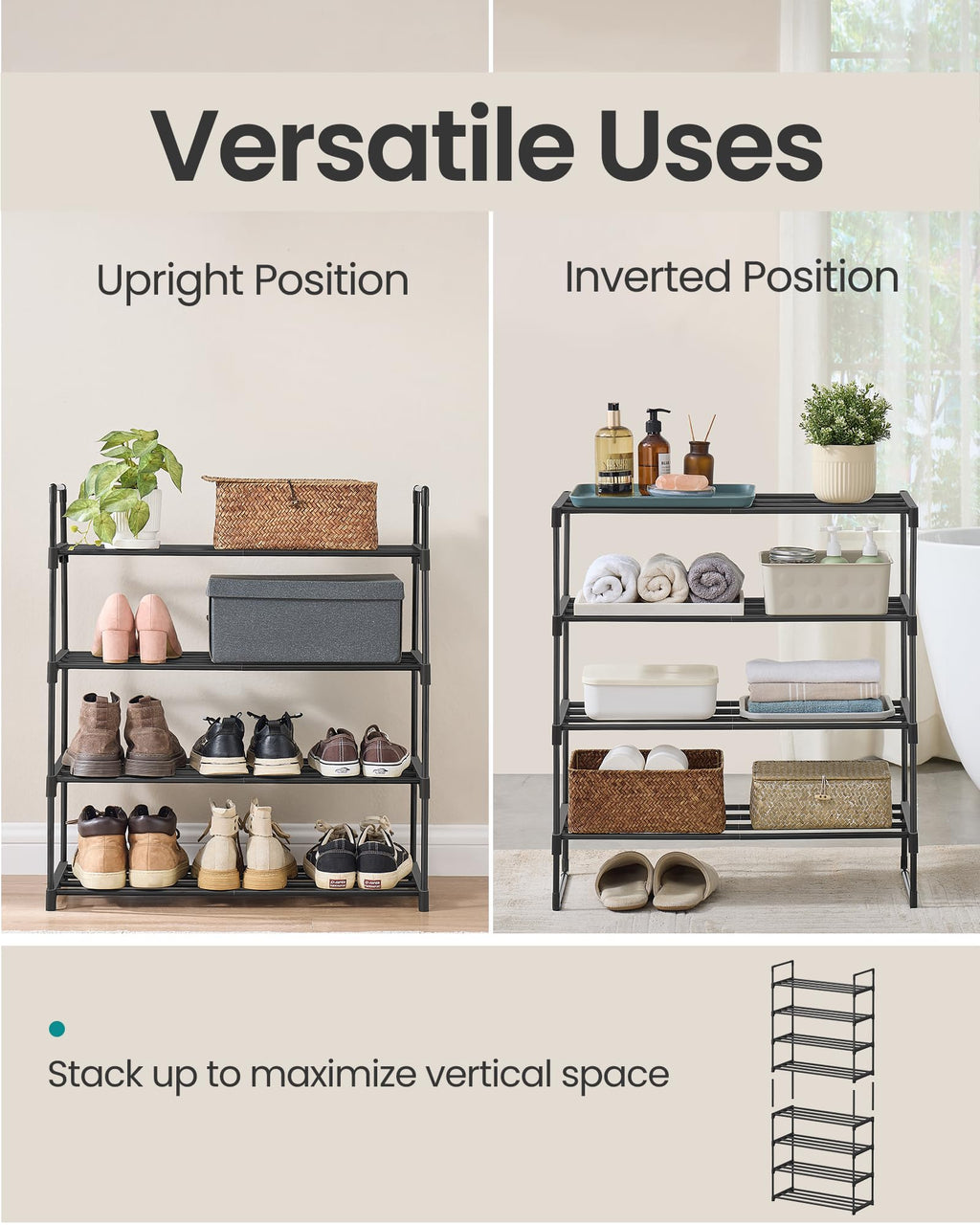 SONGMICS Shoe Rack, 3-Tier Shoe Organizer, Metal Storage Shelf, Upright or Upside Down, for 16-20 Pairs, Stackable, for Entryway, 11.8 x 36.2 x 21.7 Inches, Black ULSA303B02
