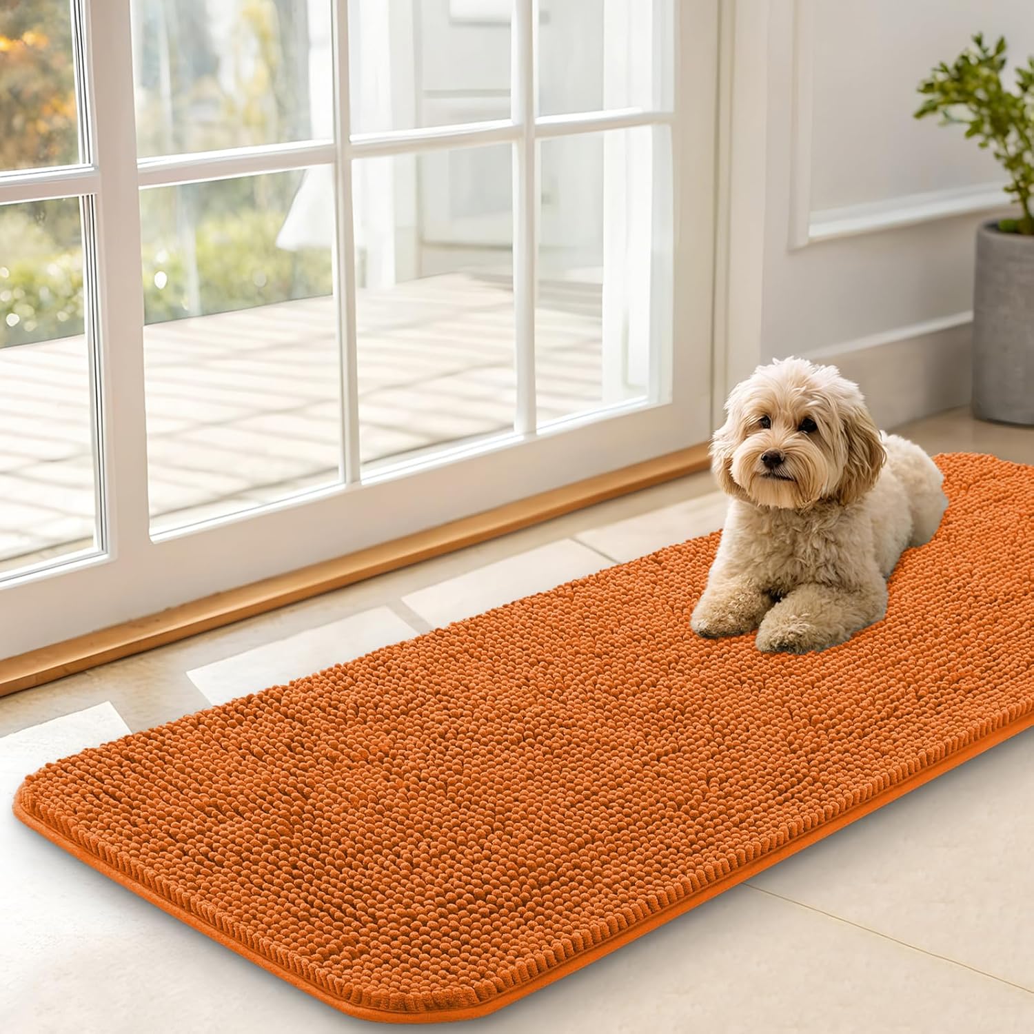 OLANLY Dog Door Mat for Muddy Paws 70x24, Absorbs Moisture and Dirt, Absorbent Non-Slip Washable Doormat, Quick Dry Chenille Mud Mat for Dogs, Entry Indoor Entryway Carpet for Inside Floor, Beige