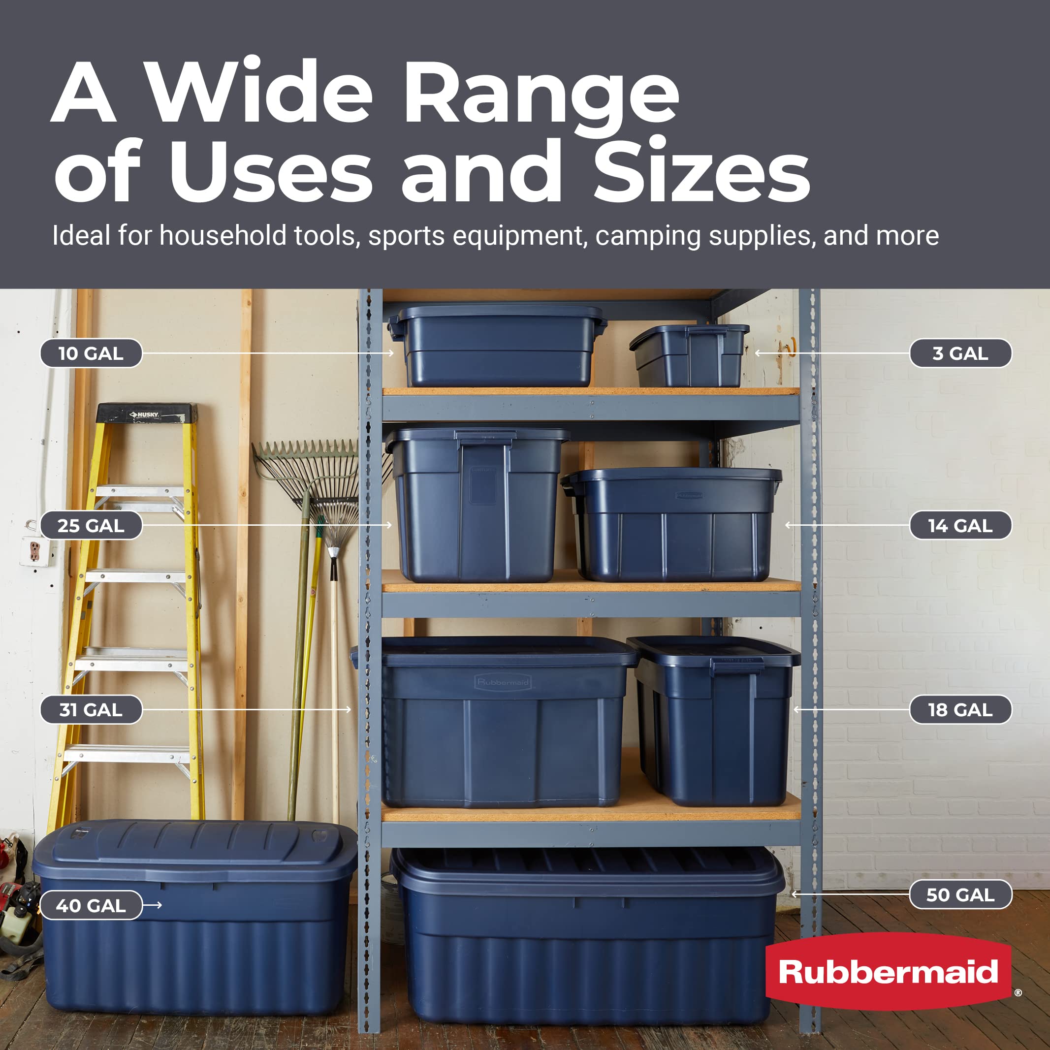 Rubbermaid Roughneck Tote 14 Gal, 6 Pack, Made in USA, Dark Indigo Metallic, Rugged Plastic Stackable Storage Bins with Lids and Handles