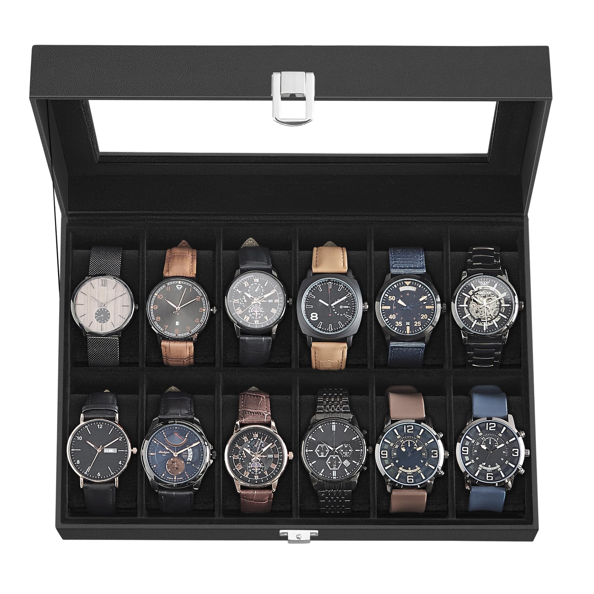 SONGMICS Watch Box, 12-Slot Watch Case Organizer with Large Glass Lid, Removable Pillows, Gift for Loved Ones, Black Synthetic Leather, Gray Lining UJWB12BK
