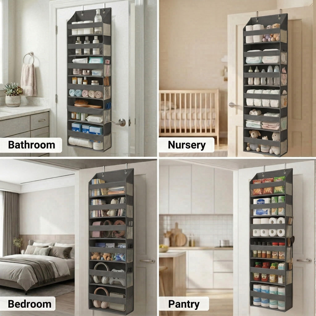 HOMELUX THEORY UPGRADED 6 Tiers Over The Door Organizer Hanging - 100D EXTRA THICK & 50lbs HUGE CAPACITY, 12 Side Mesh Pockets Over The Door Shoe Organizer, Hanging Closet Organizer (Ivory, 1pc)