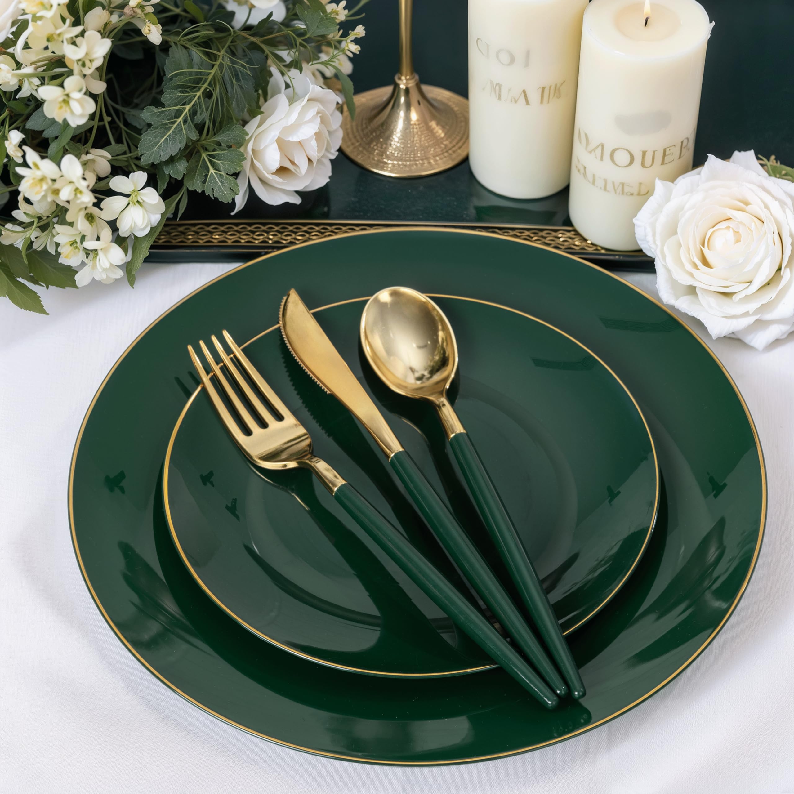 DaYammi 150Pcs Gold Plastic Plates with Disposable Silverware,White Gold Disposable Dinnerware Set - 30 Dinner Plate,30 Dessert Plate,90 Gold Cutlery with White Handles,Fancy Plates for Party Wedding