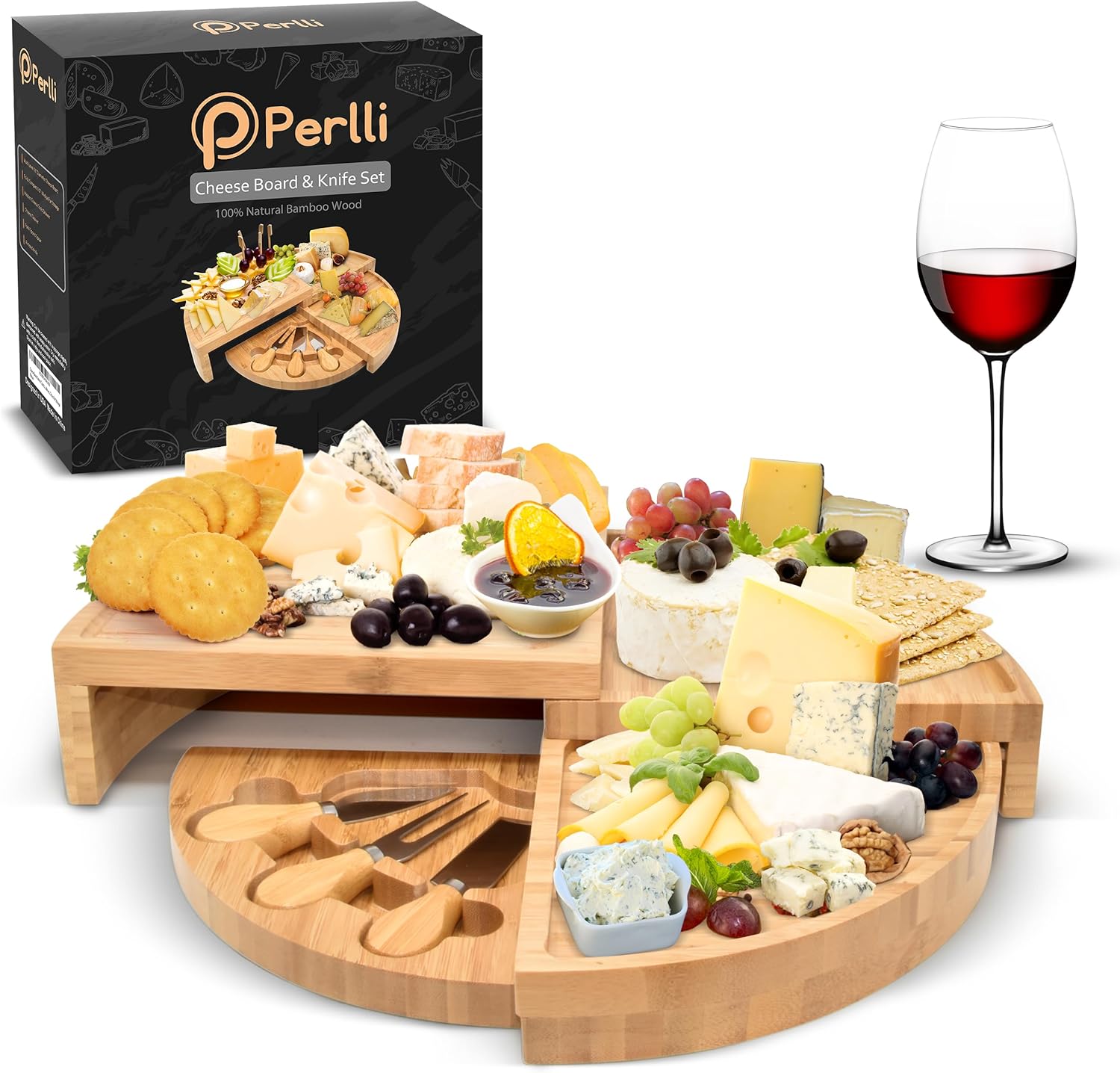 Perlli Bamboo Cheese Board & Knife Set, Large Folding 18 Inch Round Wood Rotating Charcuterie Board Set Cheese Meat Wine Serving Tray Platter, Home Decor