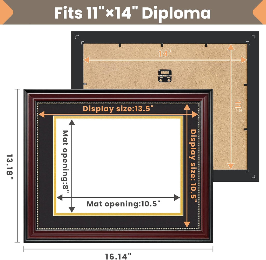 upsimples Diploma Frame 8.5 x 11 with Mat, Certificate Degree Document Frame, Displays Diploma Frame 11x14 without Mat, Classic Wood Grain with Gold Beading, Includes Black & Gold Mats, 1 Pack