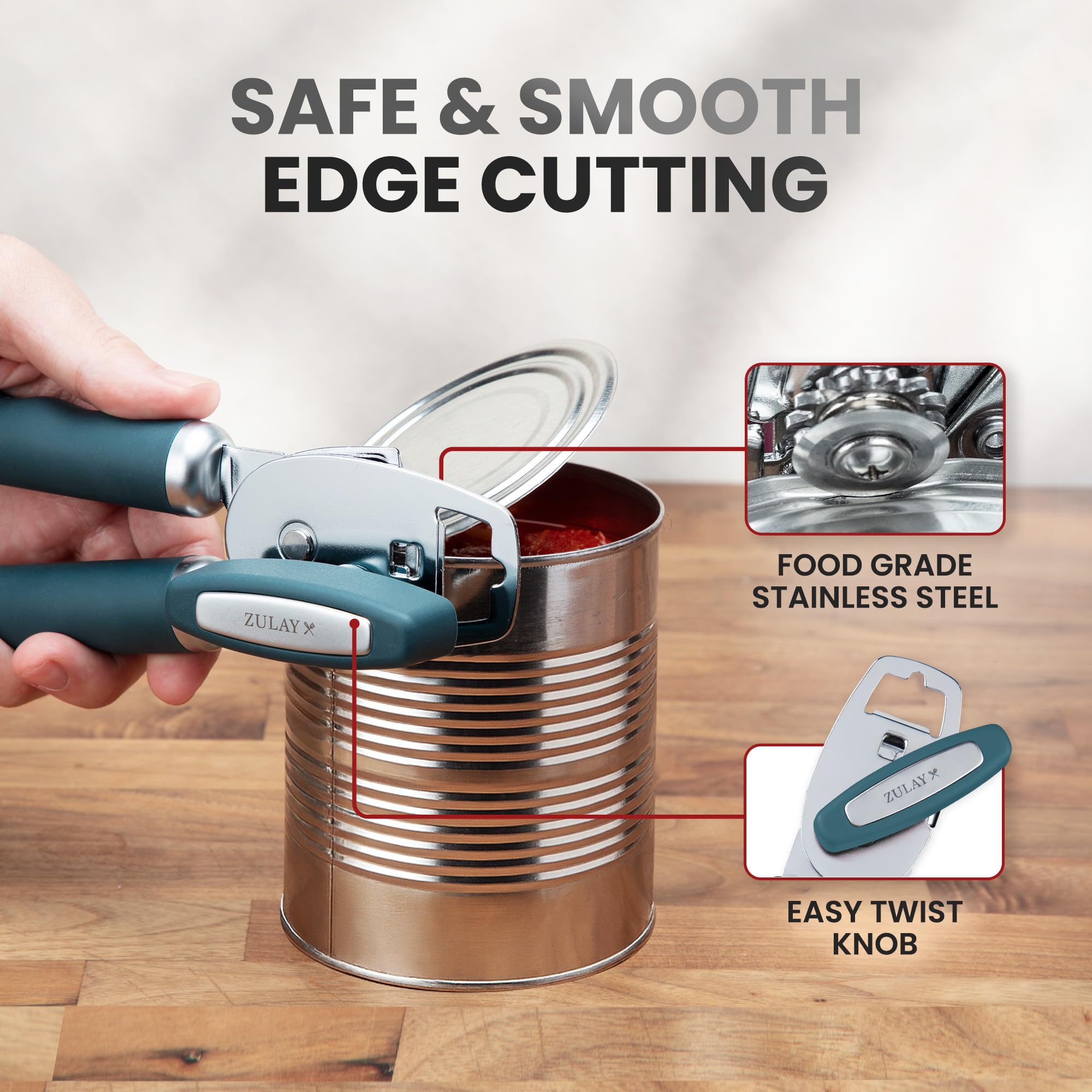 Zulay Kitchen COMFY™ Can Opener Manual with Bottle Opener - Rust Proof Stainless Steel Manual Can Opener With Turn Knob & Comfy Soft Grip Handles - Black