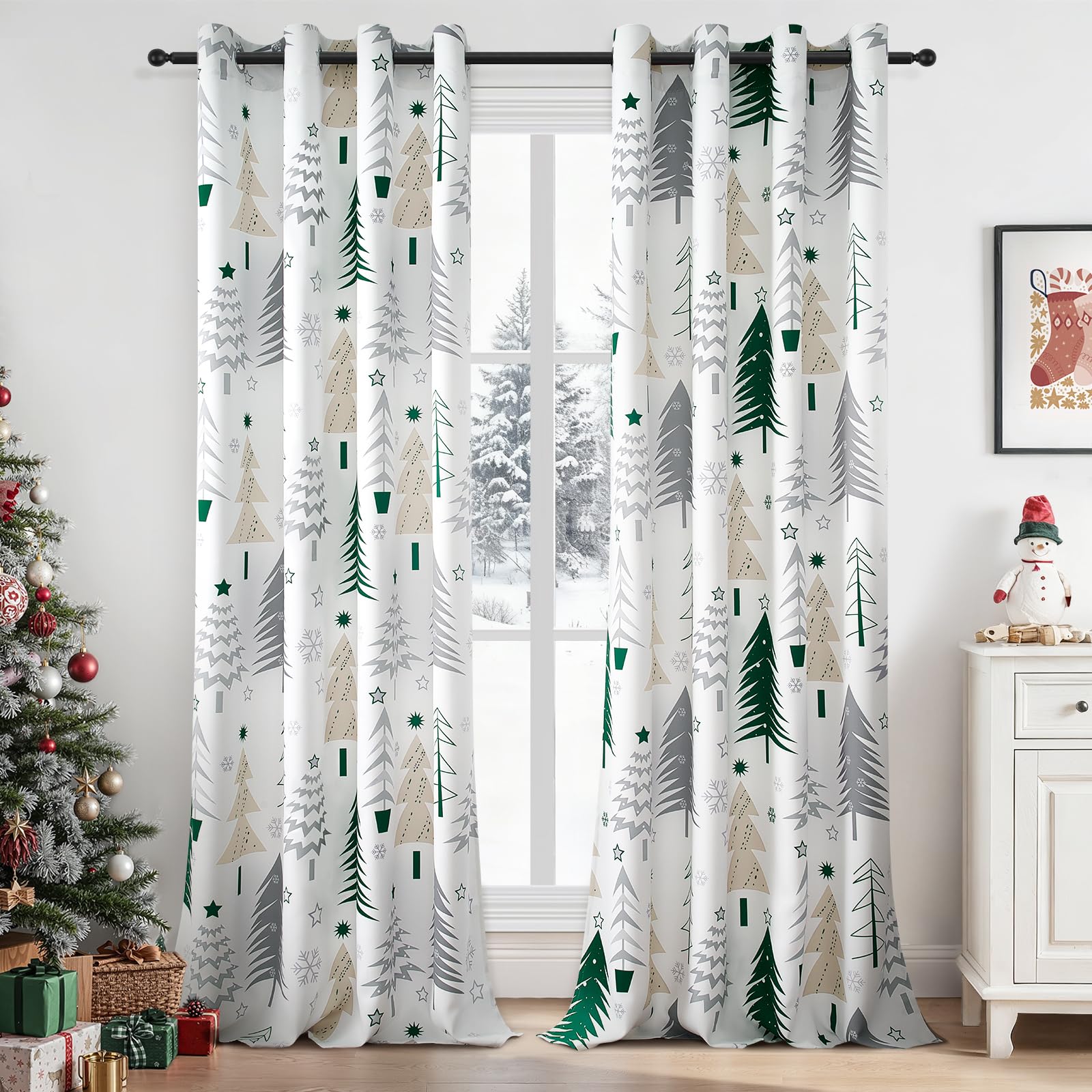 Topfinel Christmas Curtains 84 Inch Length for Living Room 2 Panels Set,Grommet Xmas Decoration Window Curtains with Christmas Tree and Snowflake Print for Bedroom,Set of 2,52x84 Inches Long,White