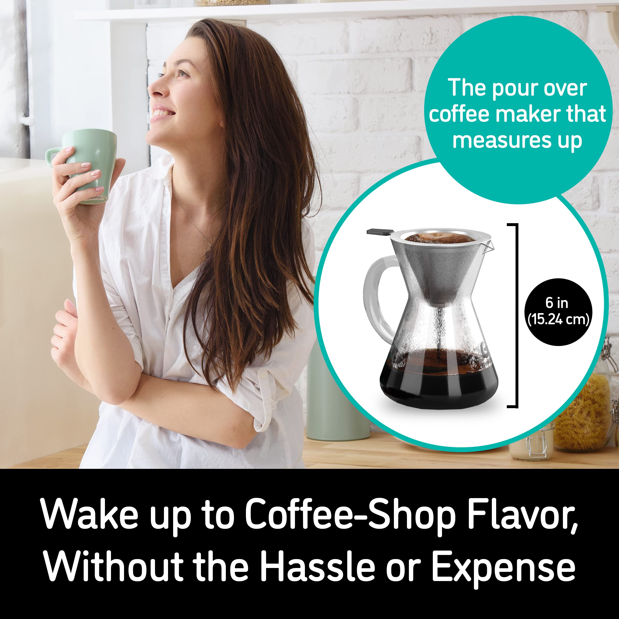 Coffee Gator Pour Over Coffee Maker - 27oz High Heat Borosilicate Glass with Reusable Stainless Steel Filter, Drip Coffee Brewer Dripper Set Carafe, 800ml Clear