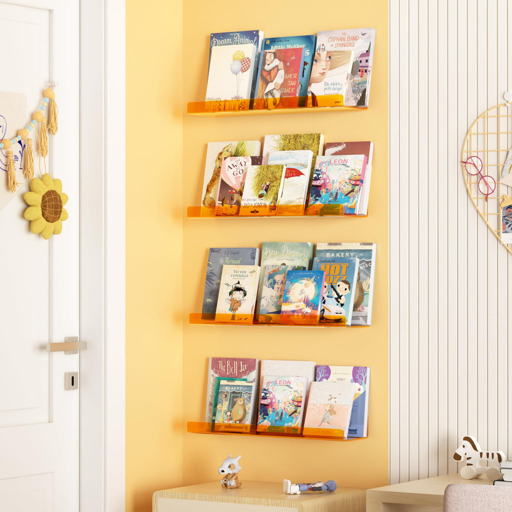 upsimples Acrylic Shelves for Bathroom Storage, 15" Floating Shelves Wall Organizer for Perfume, Make up, Skincare, Kids Bookshelf for Bedroom, Nursery, Living Room Decor, Clear, 4 Pack